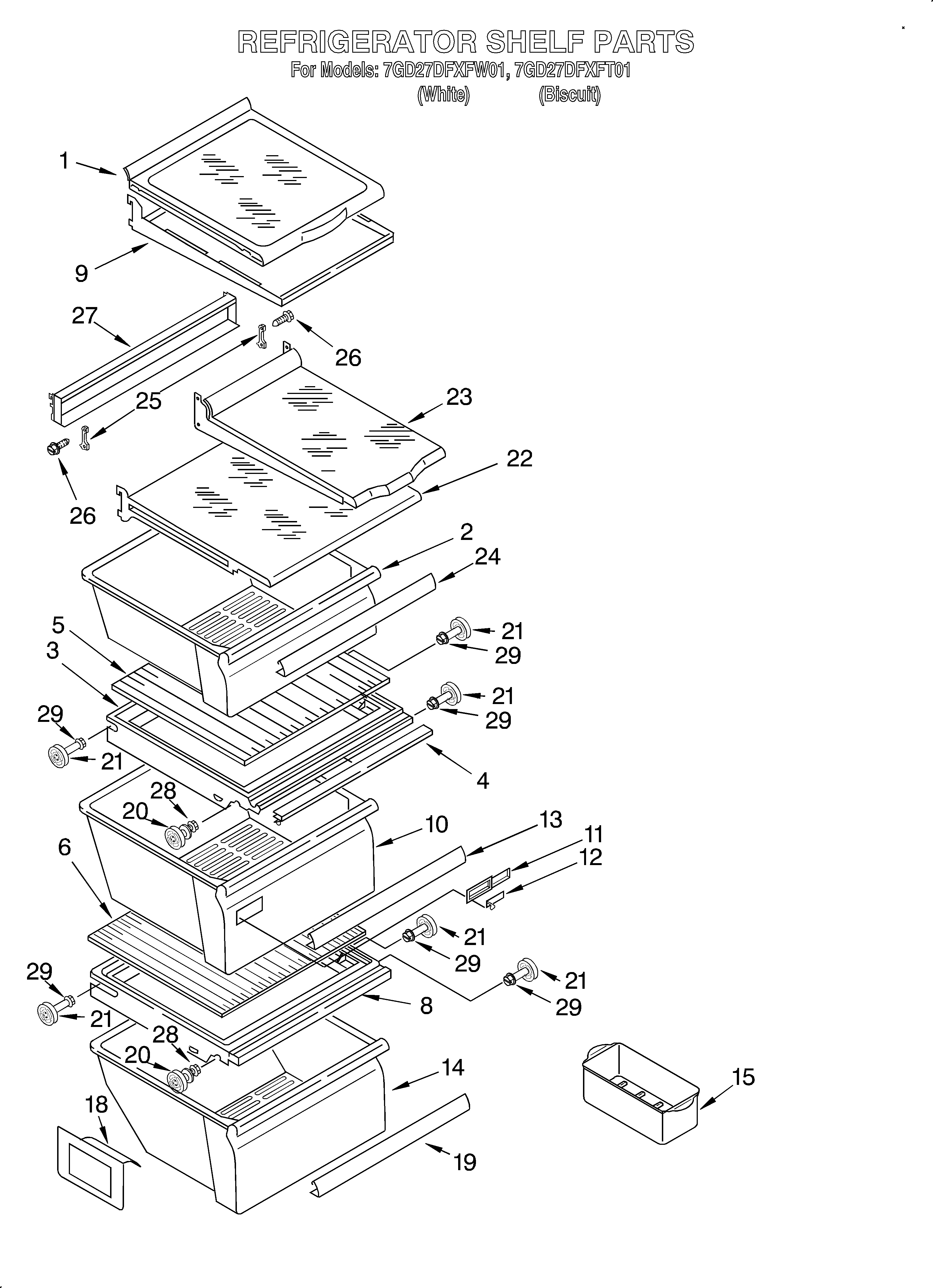 Whirlpool 7GD27DFXFT01 refrigerator shelf diagram
