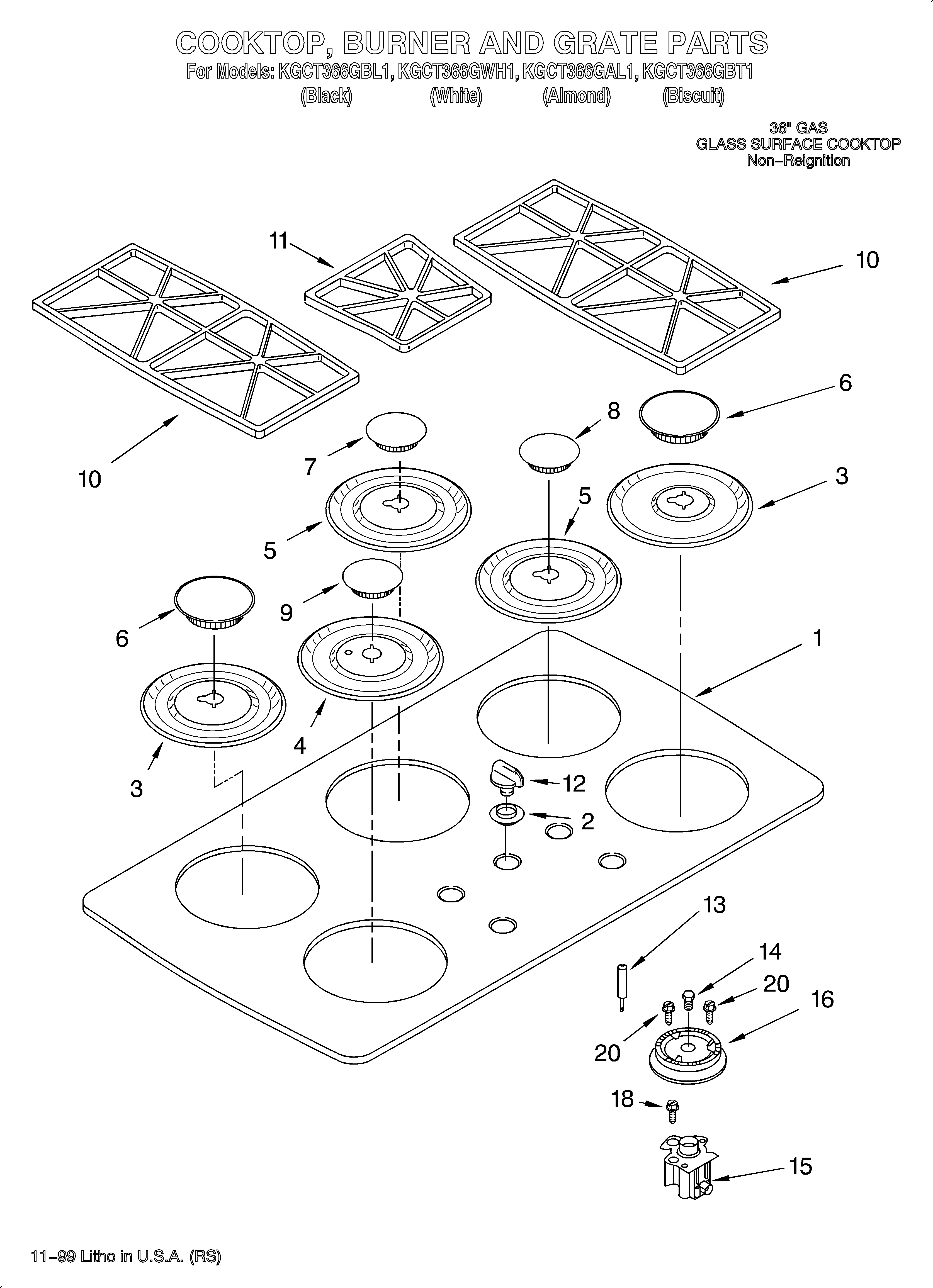 KitchenAid KGCT366GBL1 cooktop, burner and grate diagram