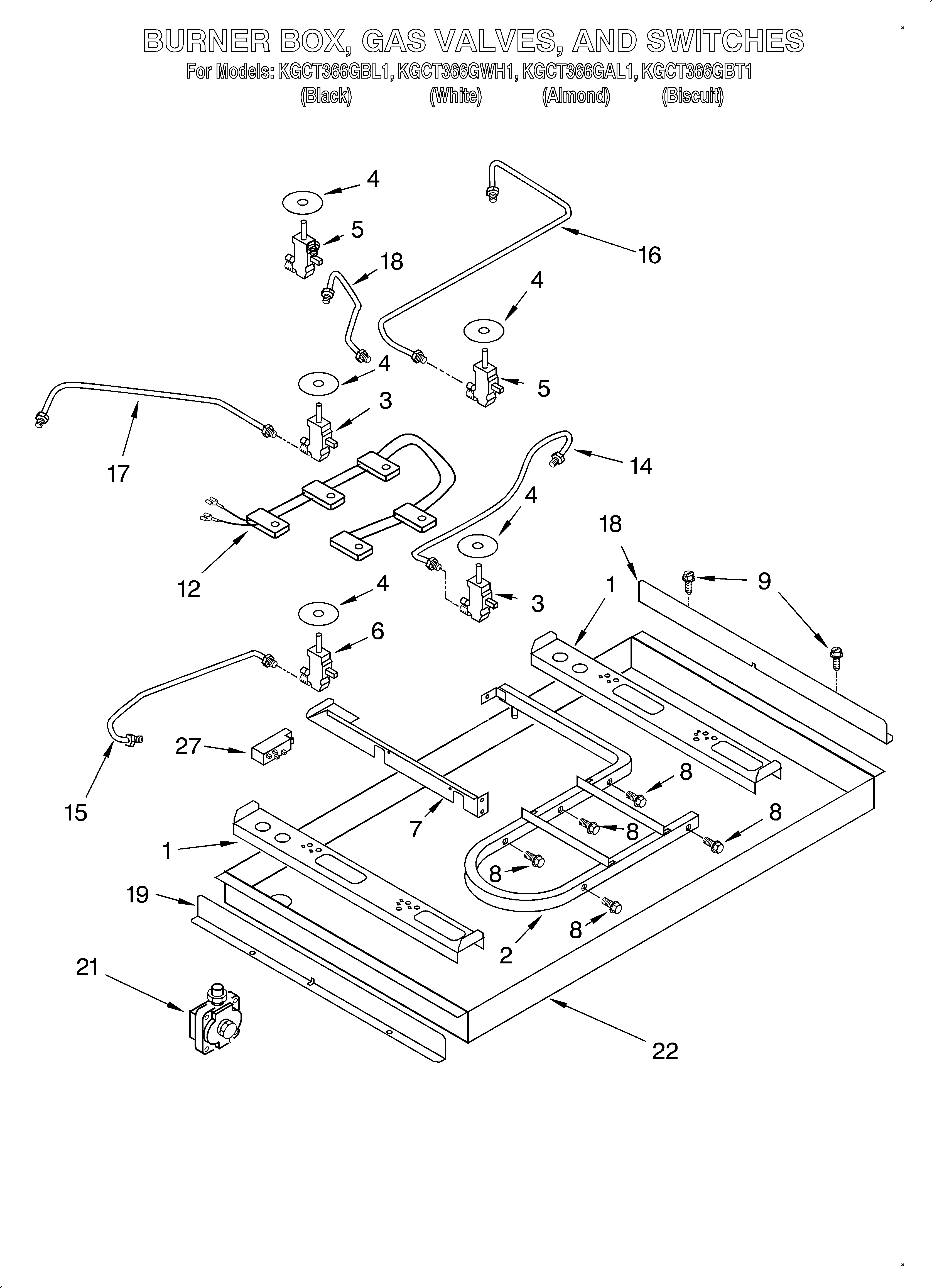 KitchenAid KGCT366GBL1 burner box, gas valves, switches diagram