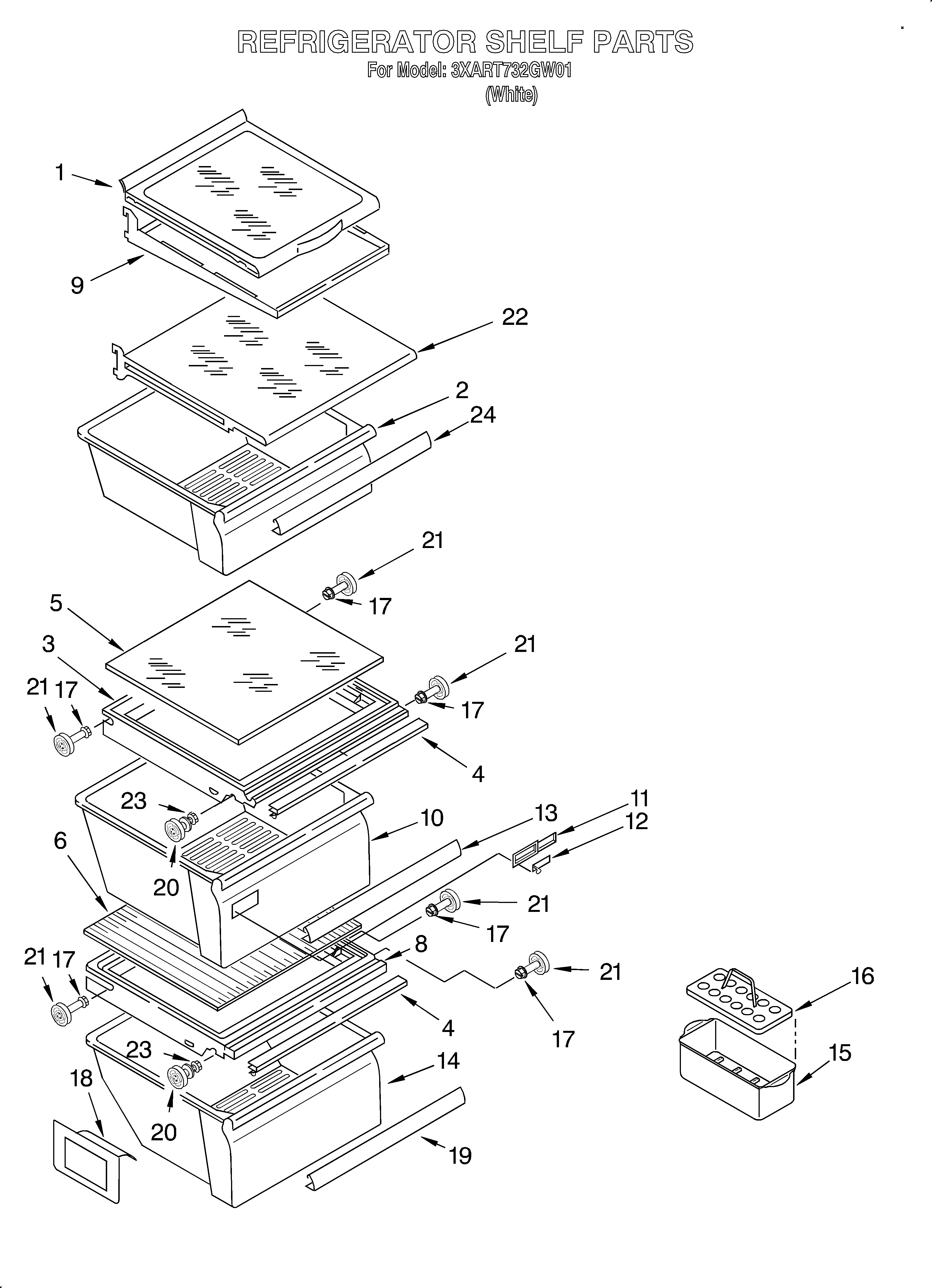 Whirlpool 3XART732GW01 refrigerator shelf diagram