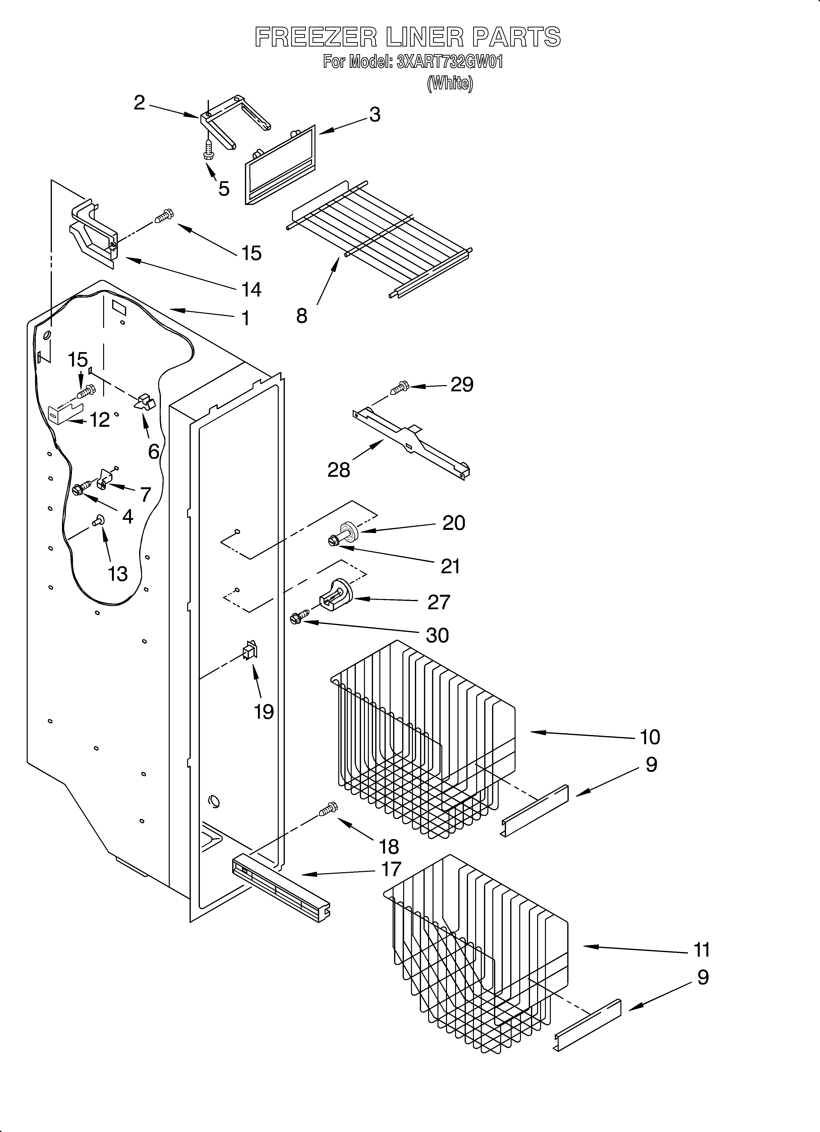 Whirlpool 3XART732GW01 freezer liner diagram