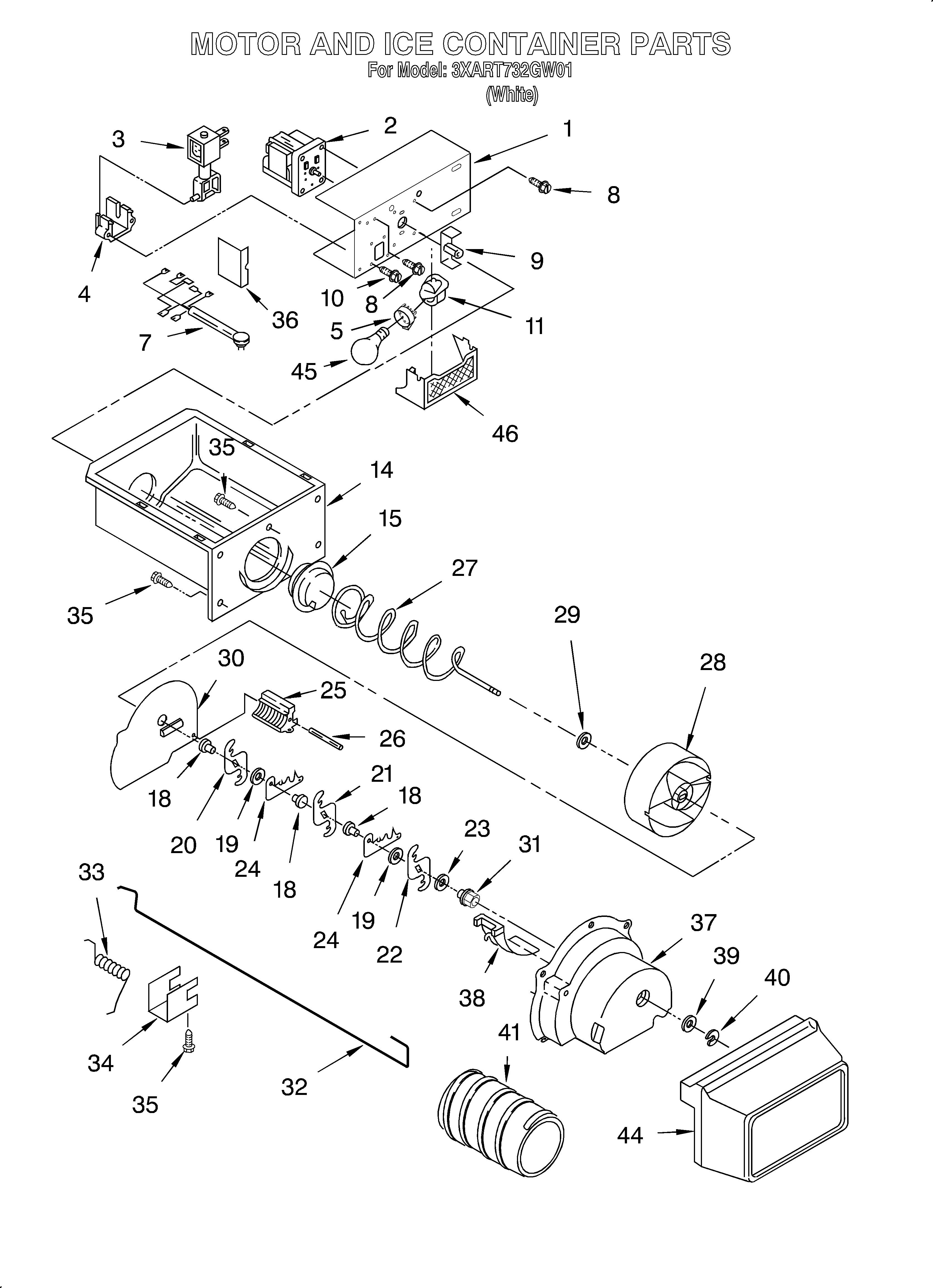 Whirlpool 3XART732GW01 motor and ice container diagram