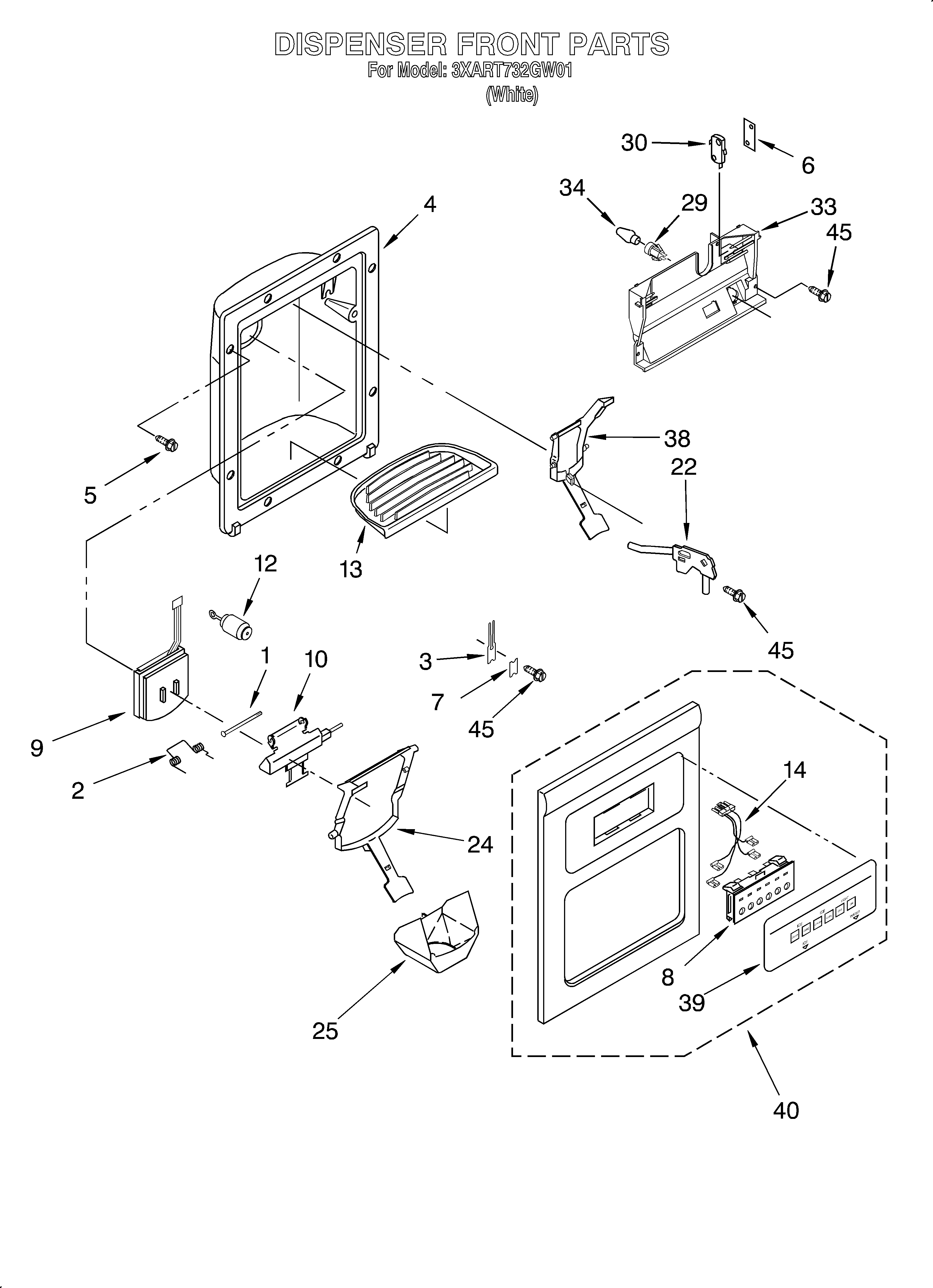 Whirlpool 3XART732GW01 dispenser front diagram