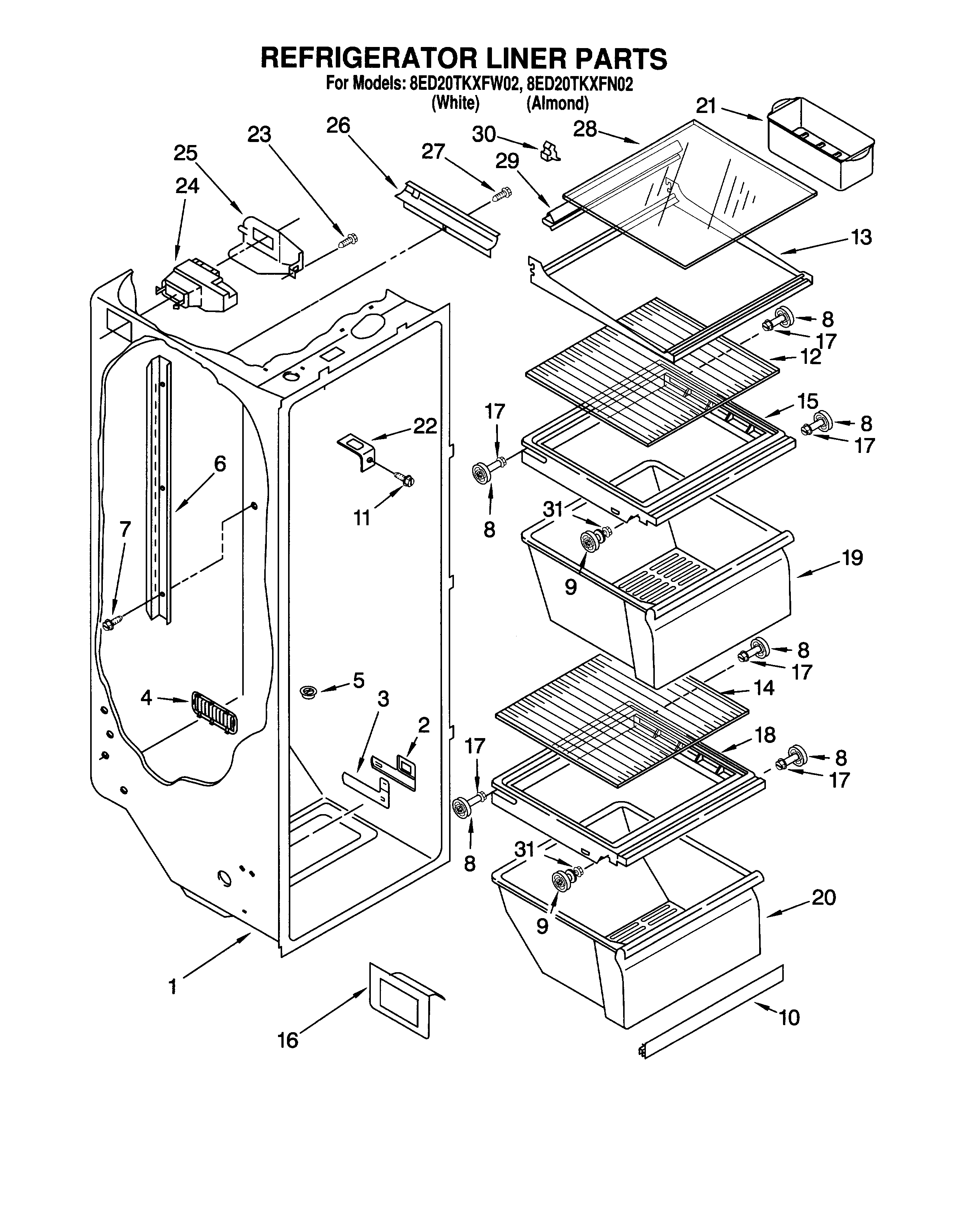 Whirlpool 8ED20TKXFN02 refrigerator liner diagram