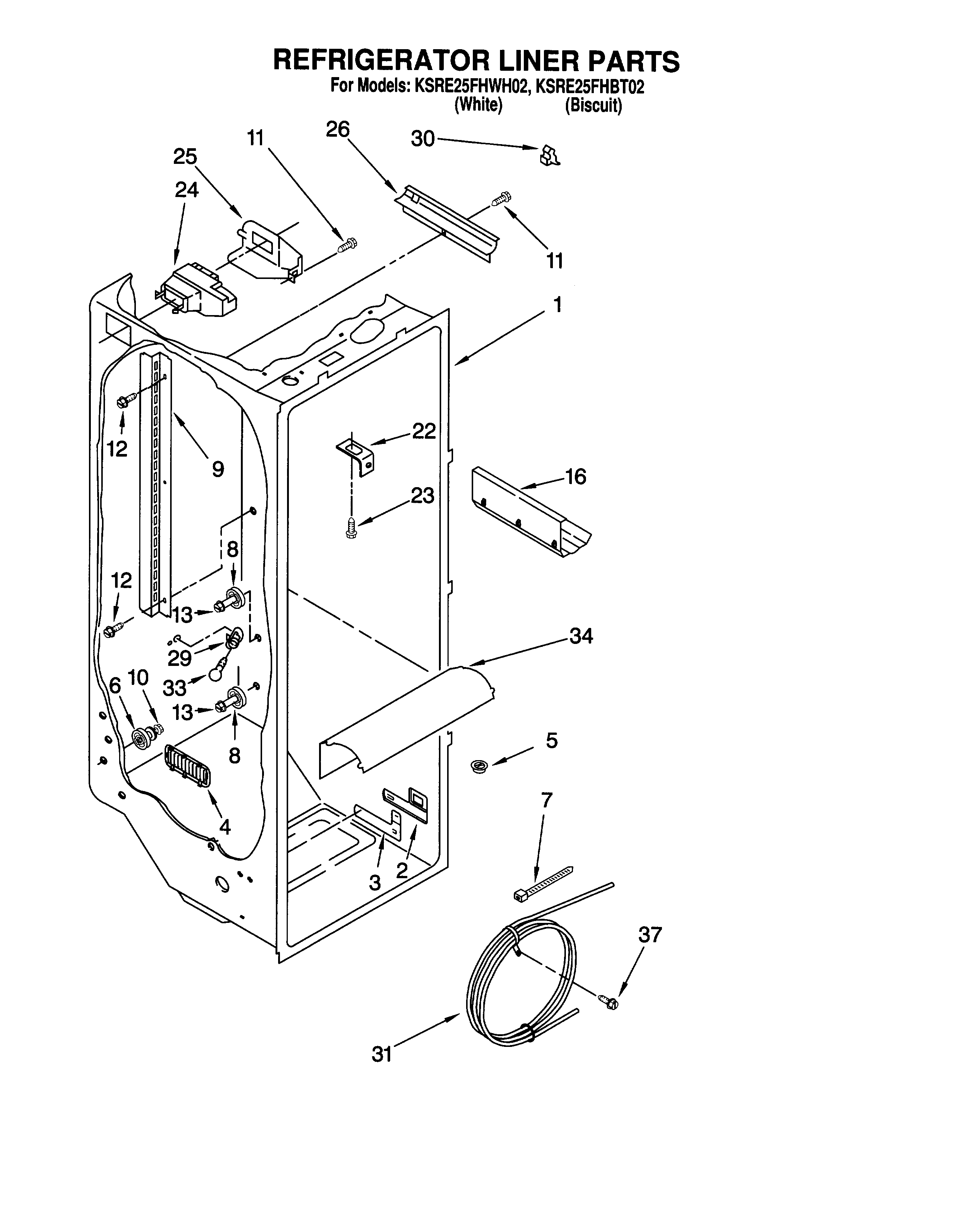 KitchenAid KSRE25FHWH02 refrigerator liner diagram