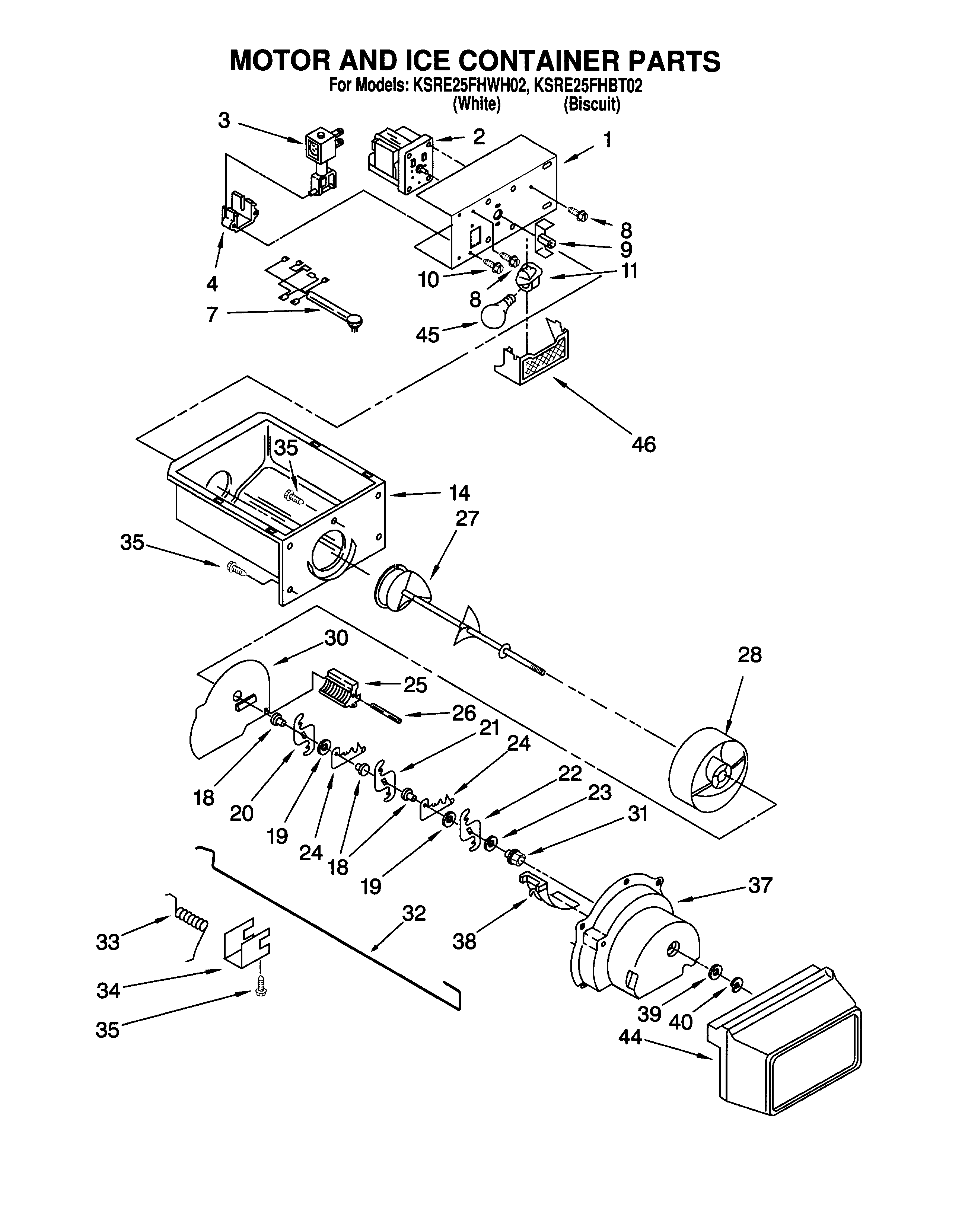 KitchenAid KSRE25FHWH02 motor and ice container diagram