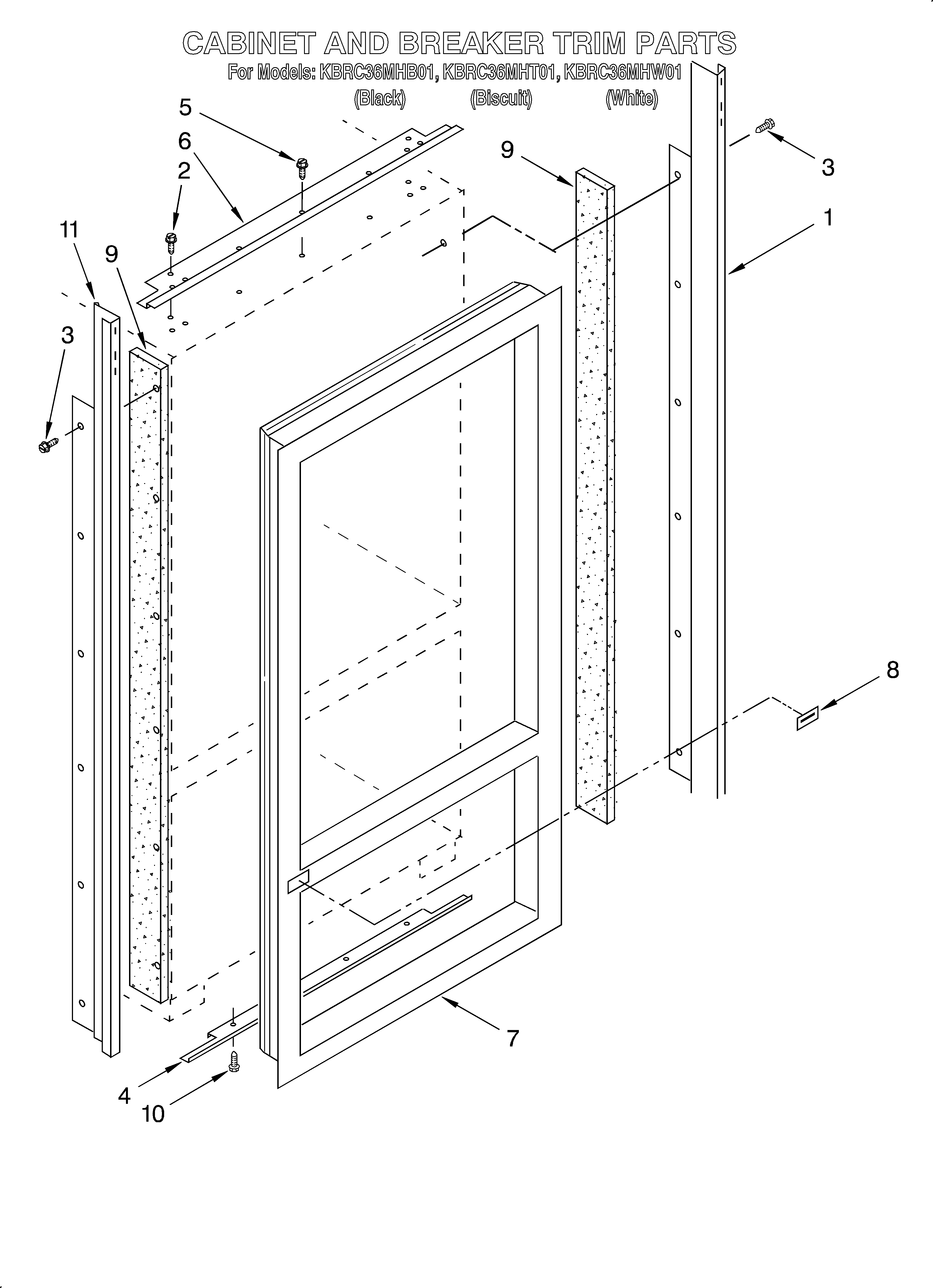 KitchenAid KBRC36MHW01 cabinet and breaker trim diagram