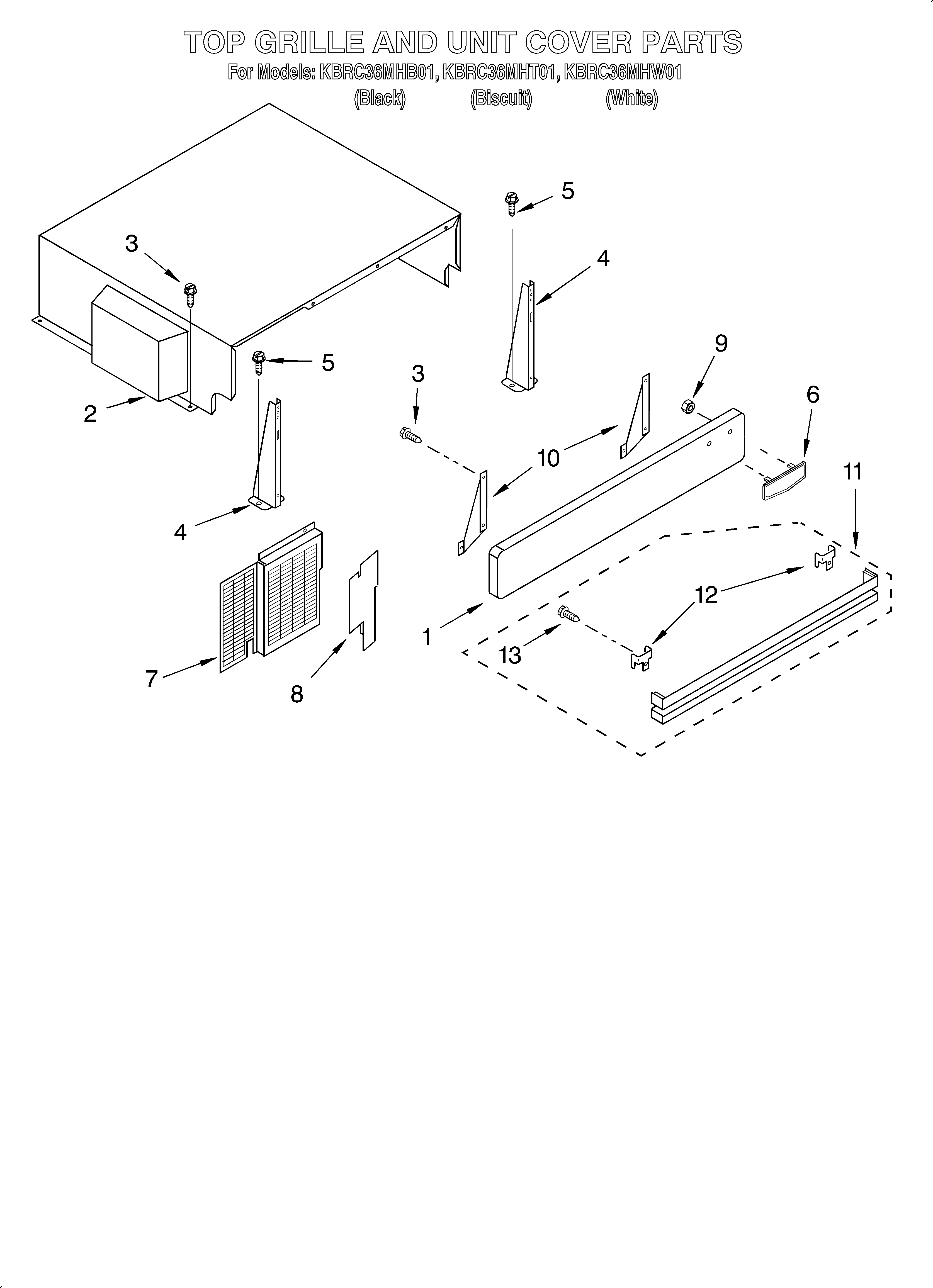 KitchenAid KBRC36MHW01 top grille and unit cover diagram