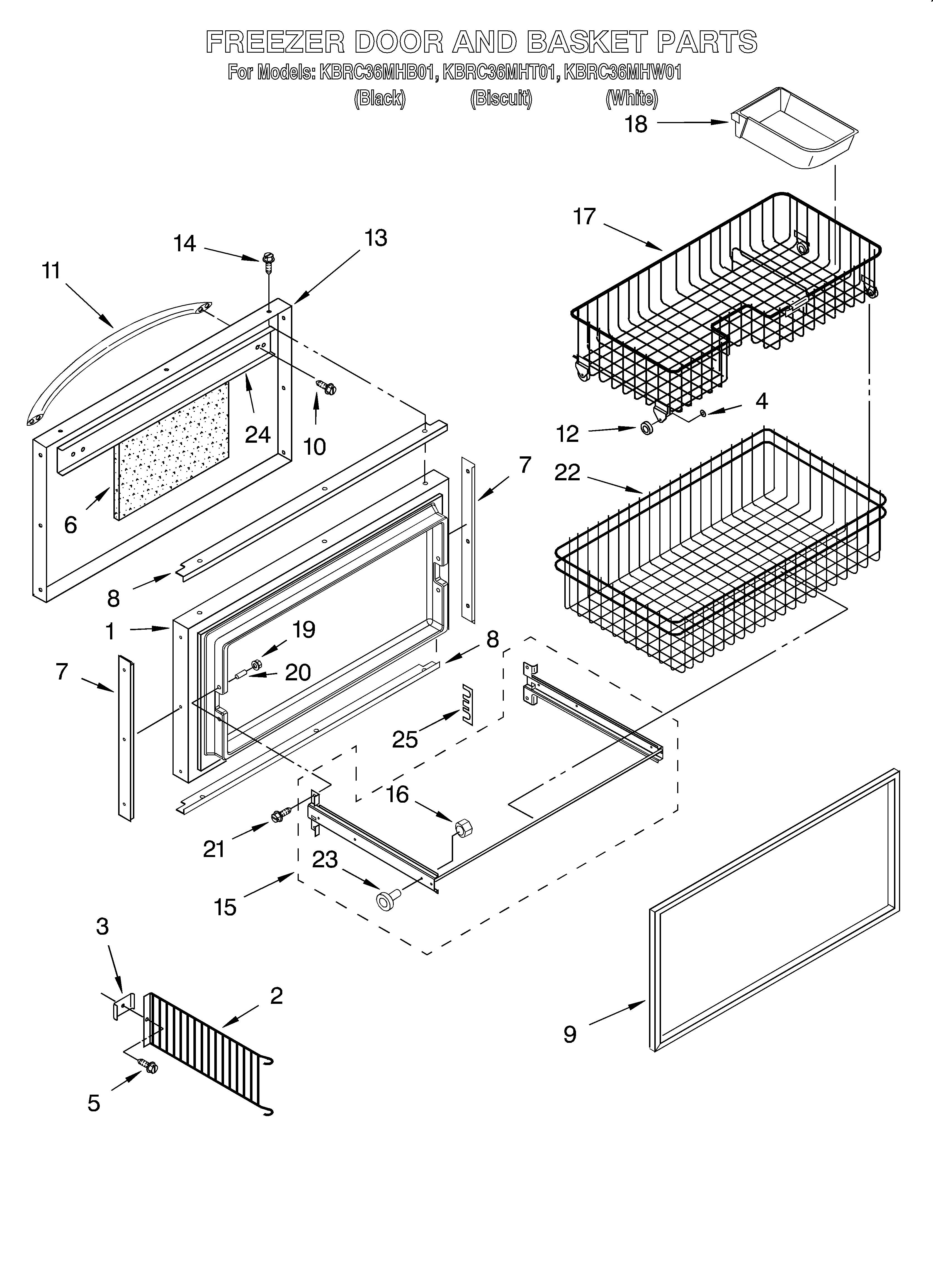 KitchenAid KBRC36MHW01 freezer door and basket diagram