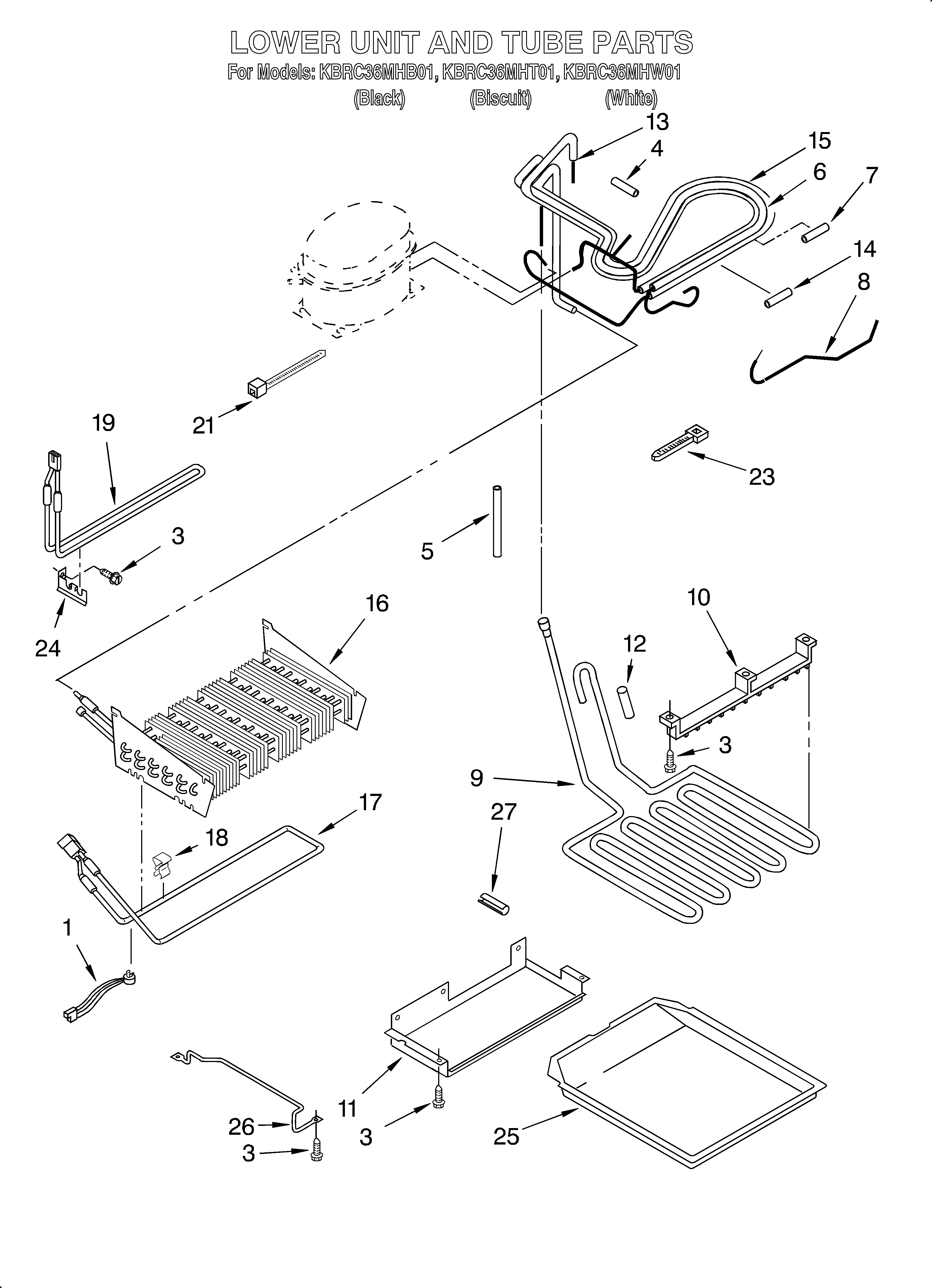 KitchenAid KBRC36MHW01 lower unit and tube diagram