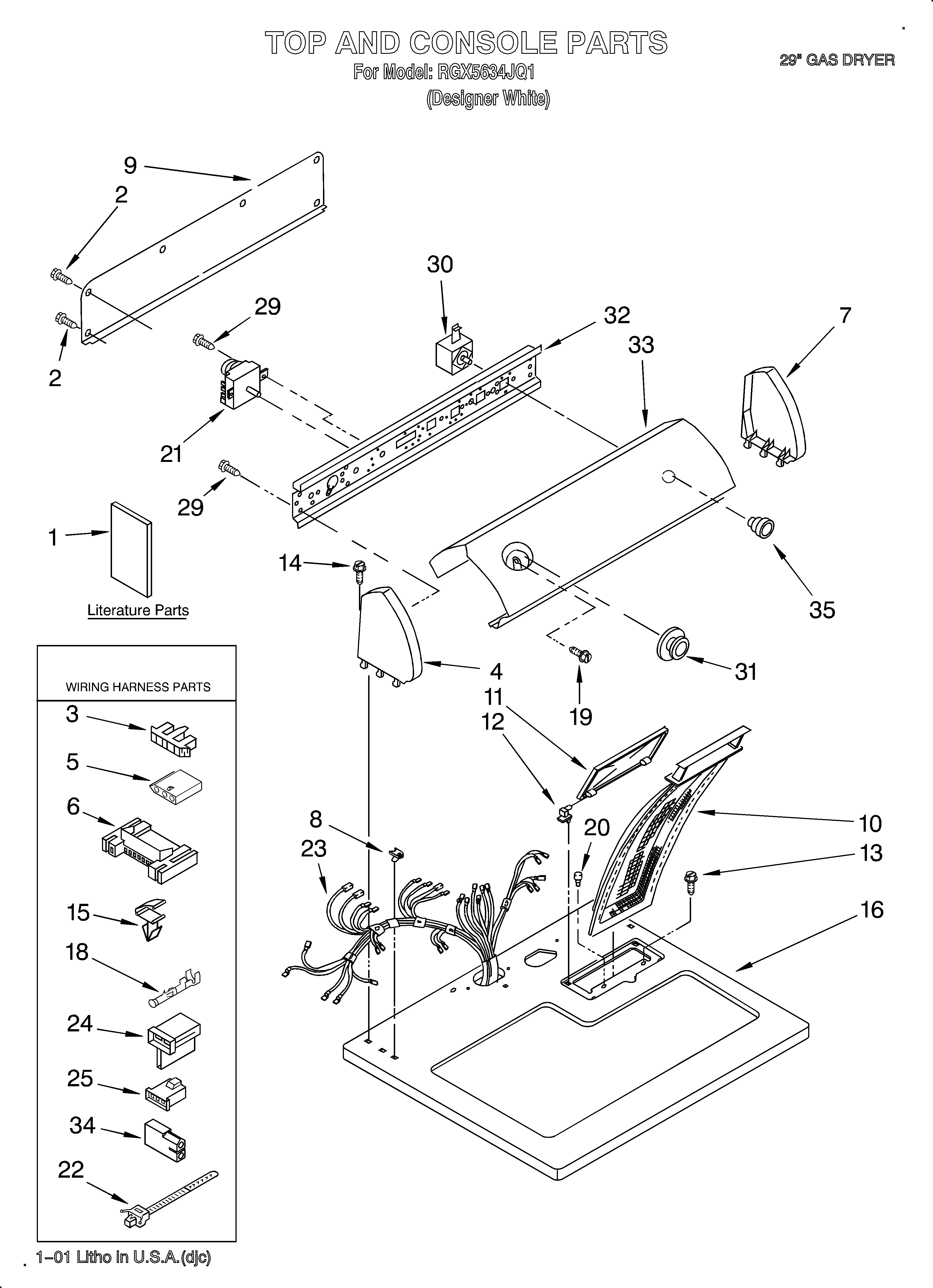 Roper RGX5634JQ1 top and console/lit/optional diagram