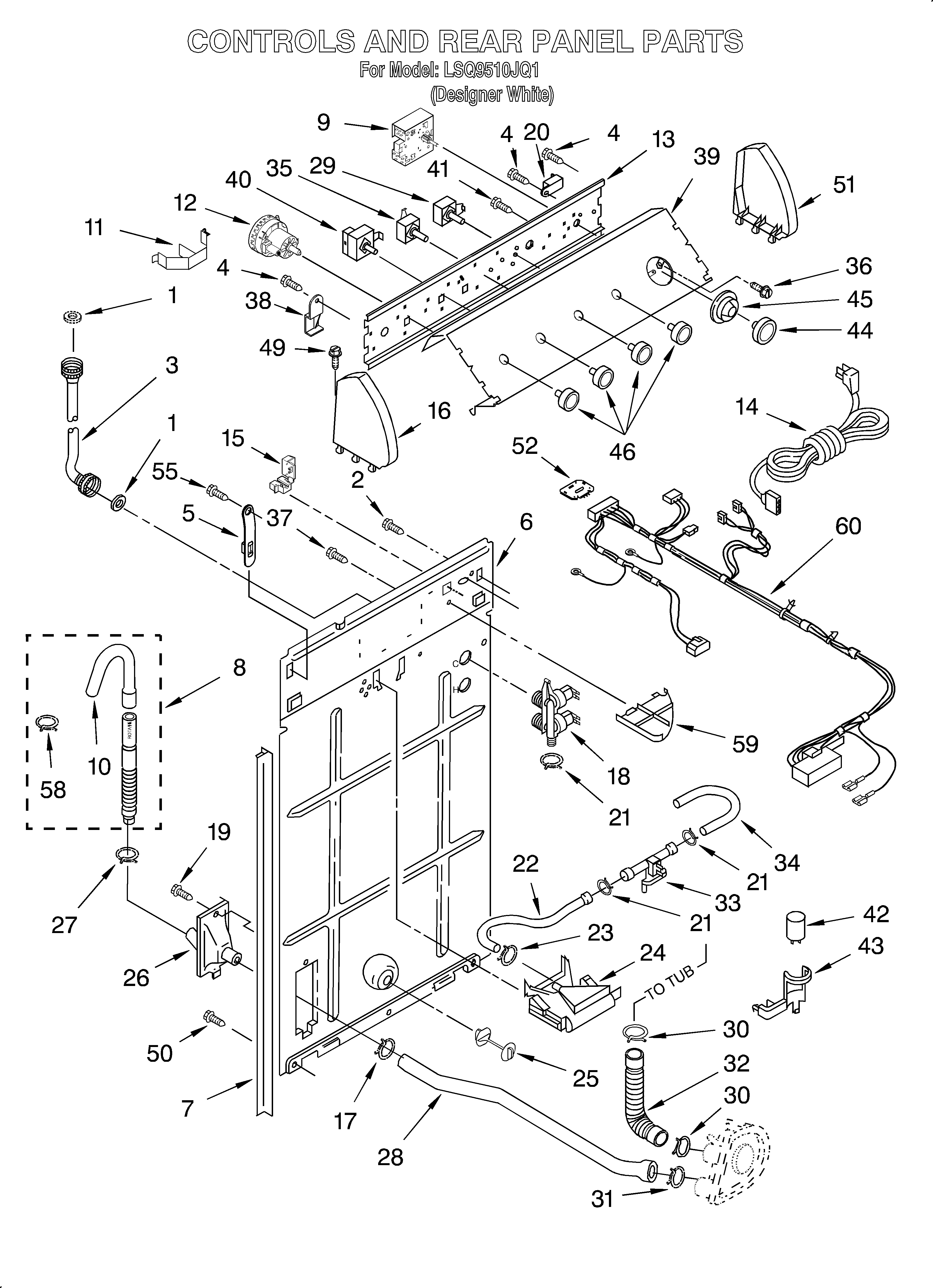 Whirlpool LSQ9510JQ1 controls and rear panel diagram