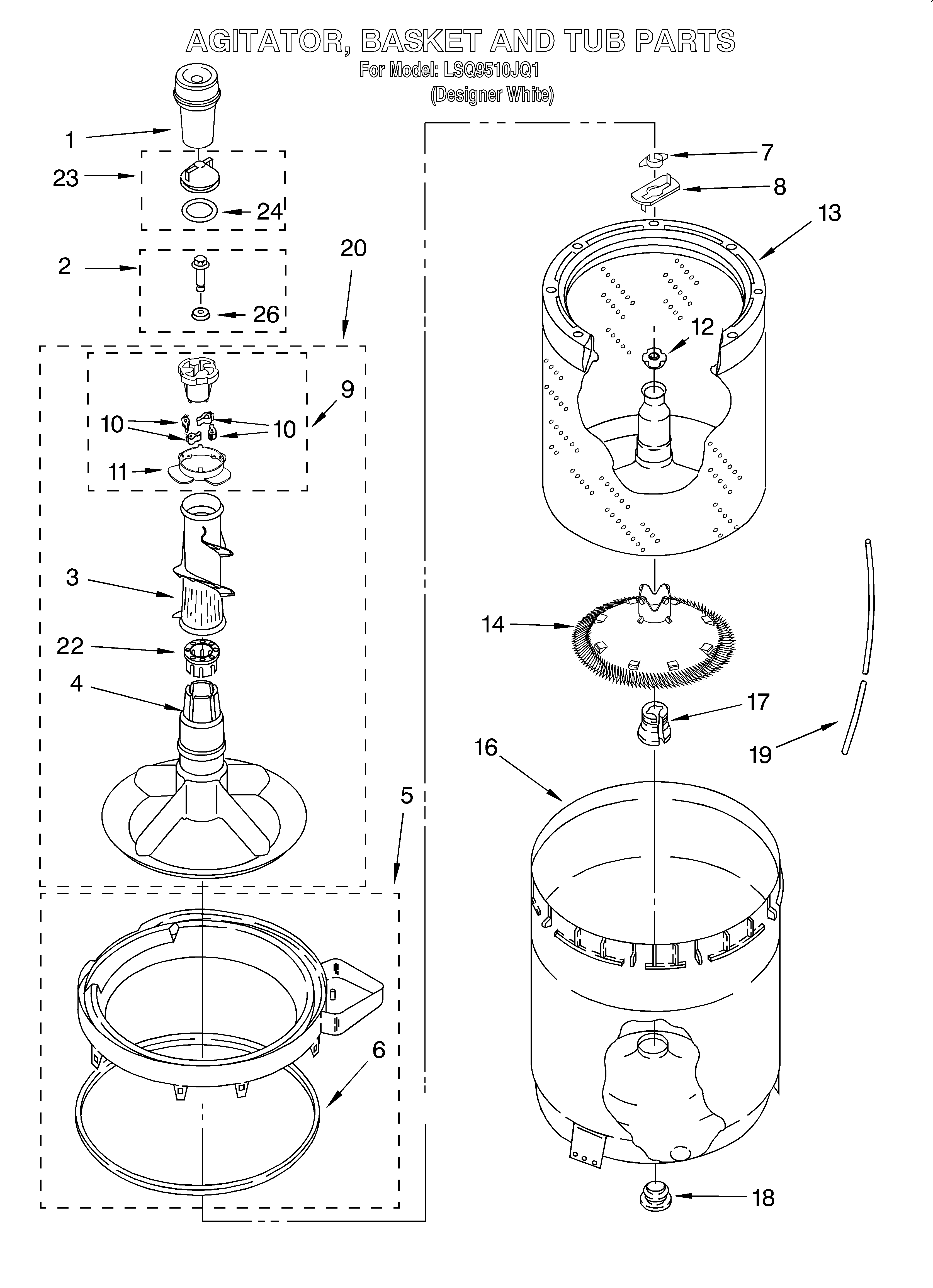 Whirlpool LSQ9510JQ1 agitator, basket and tub diagram