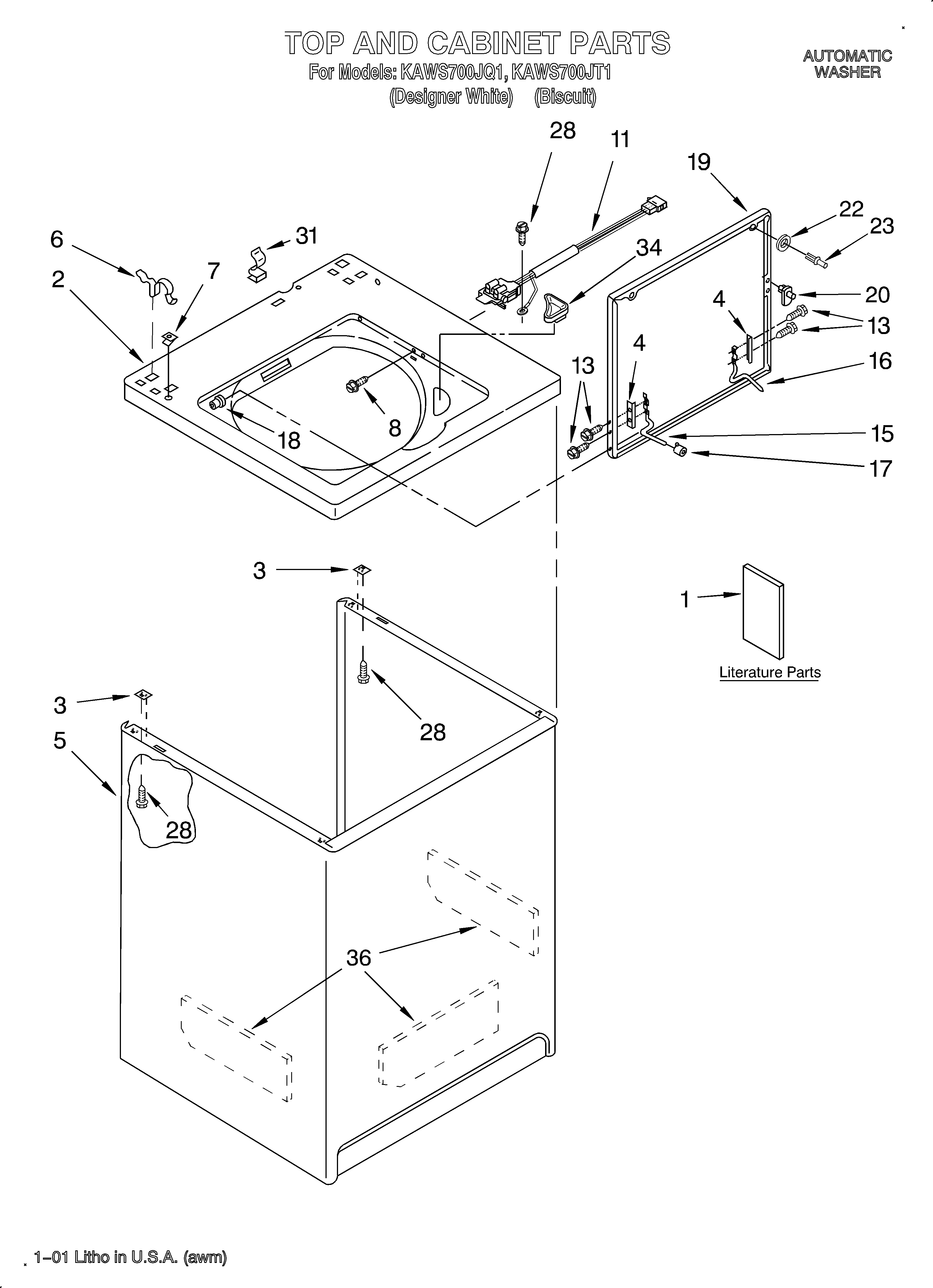 KitchenAid KAWS700JT1 top and cabinet/literature diagram