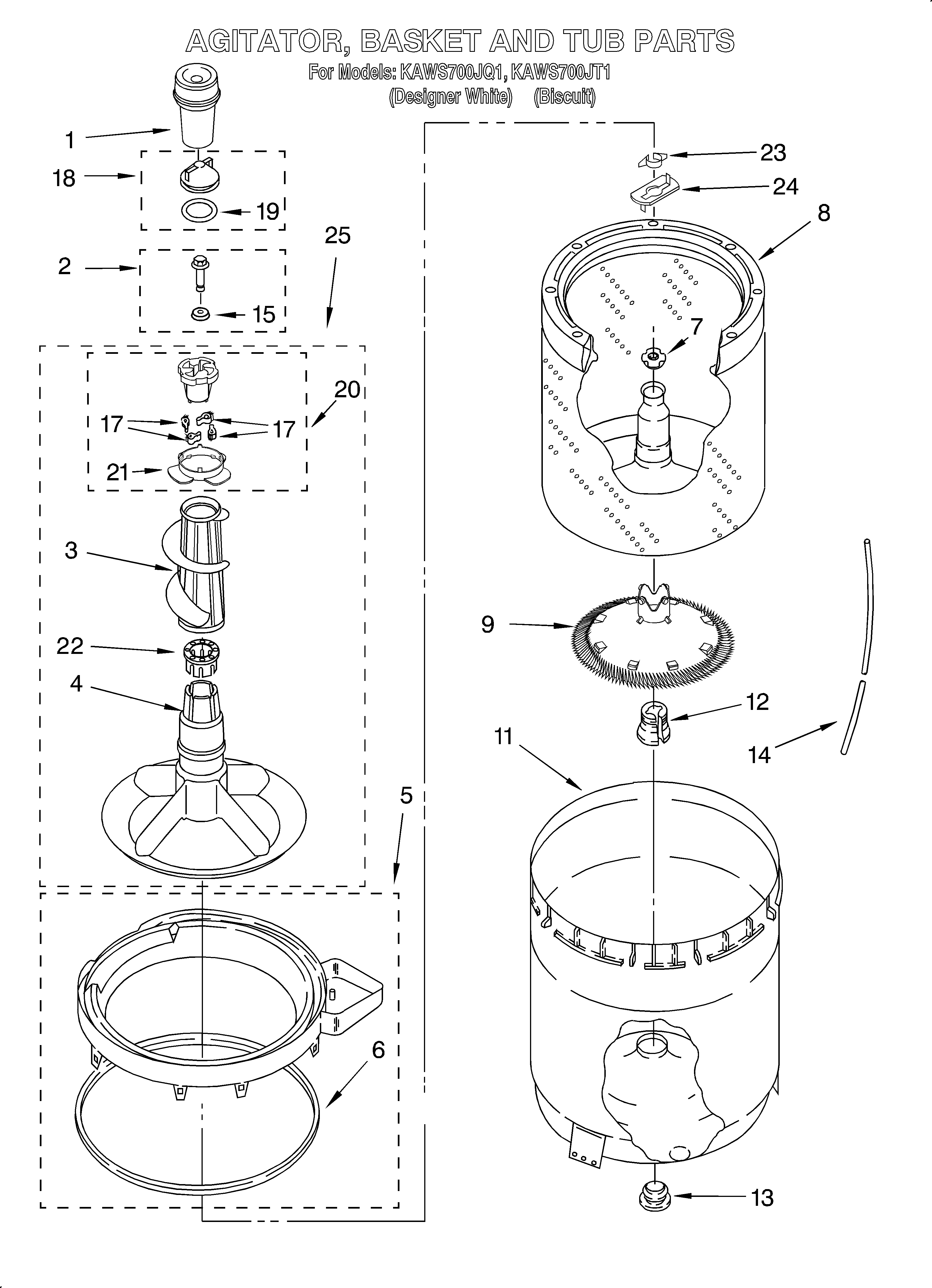 KitchenAid KAWS700JT1 agitator, basket and tub diagram