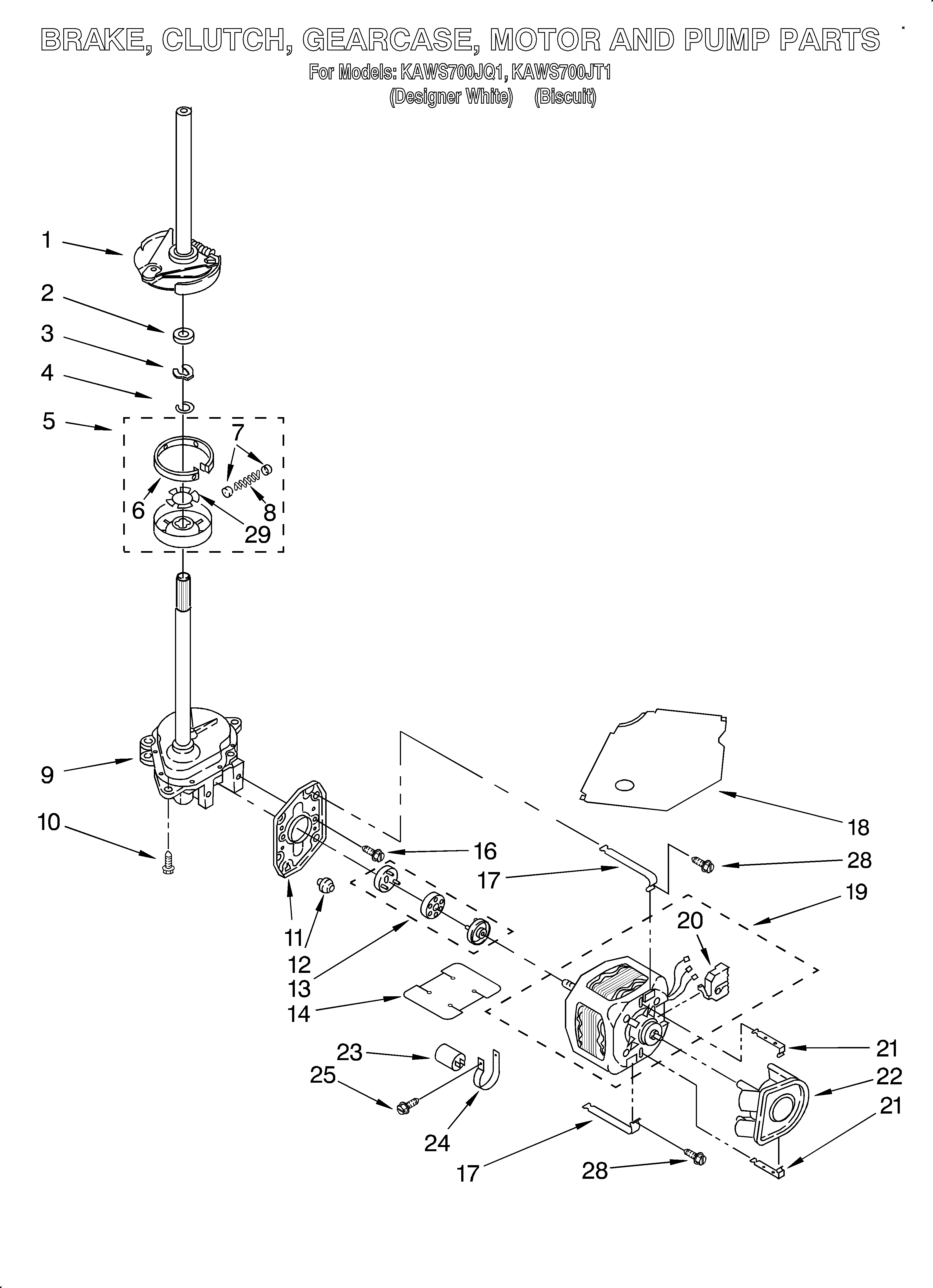 KitchenAid KAWS700JT1 brake, clutch, gearcase, motor and pump diagram