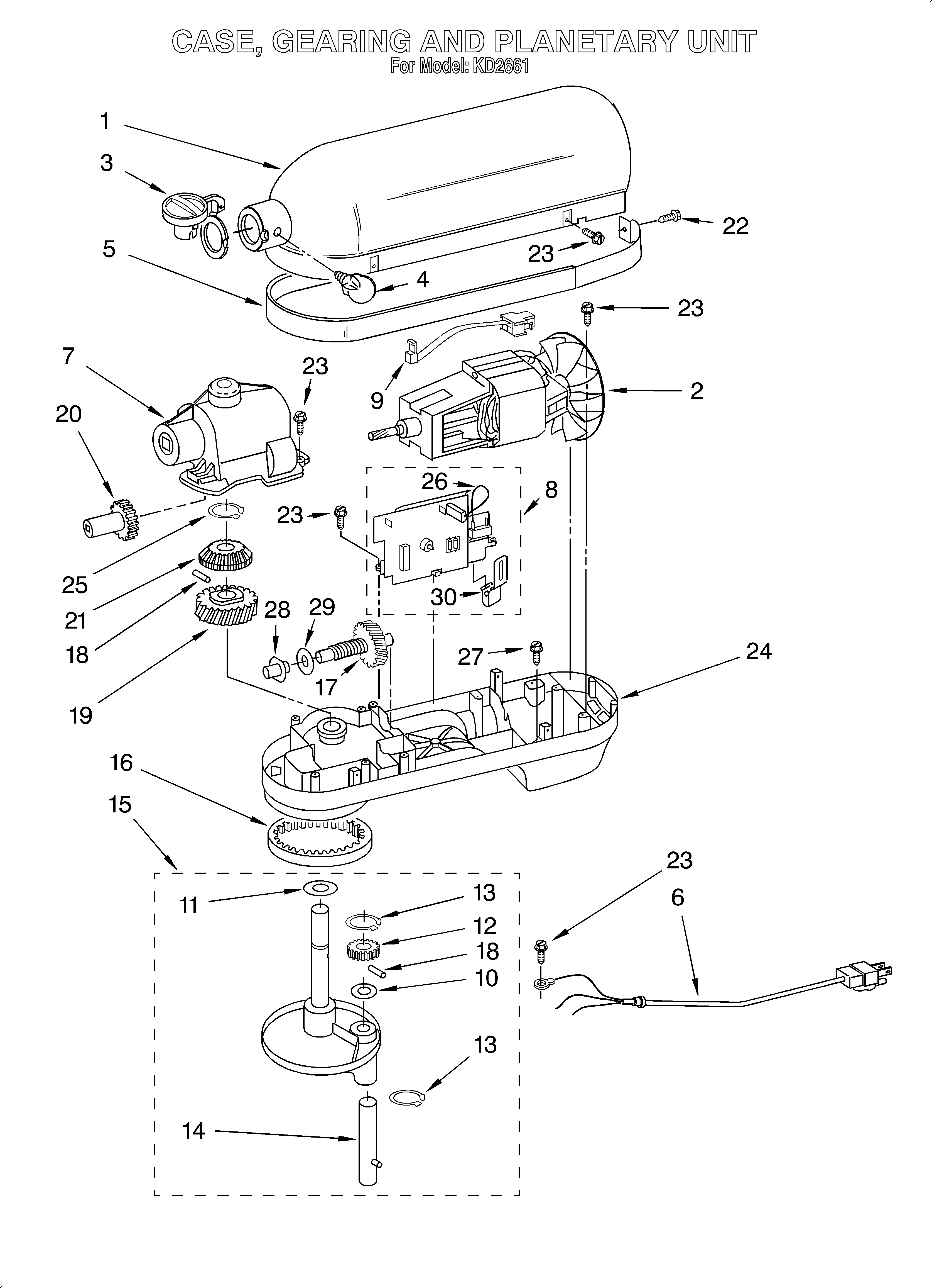 KitchenAid KD2661 case, gearing and planetary unit diagram