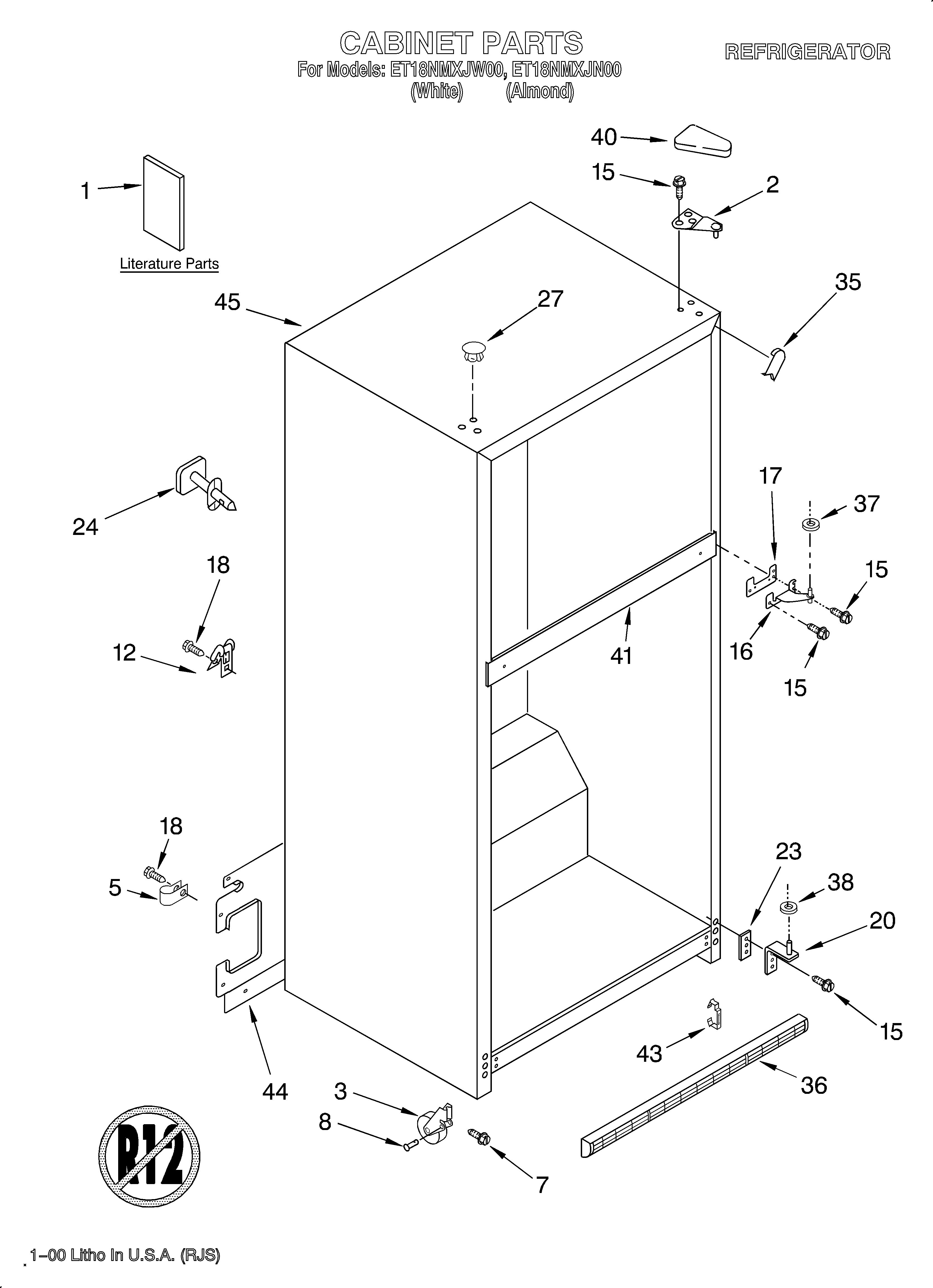 Whirlpool ET18NMXJW00 cabinet/literature diagram
