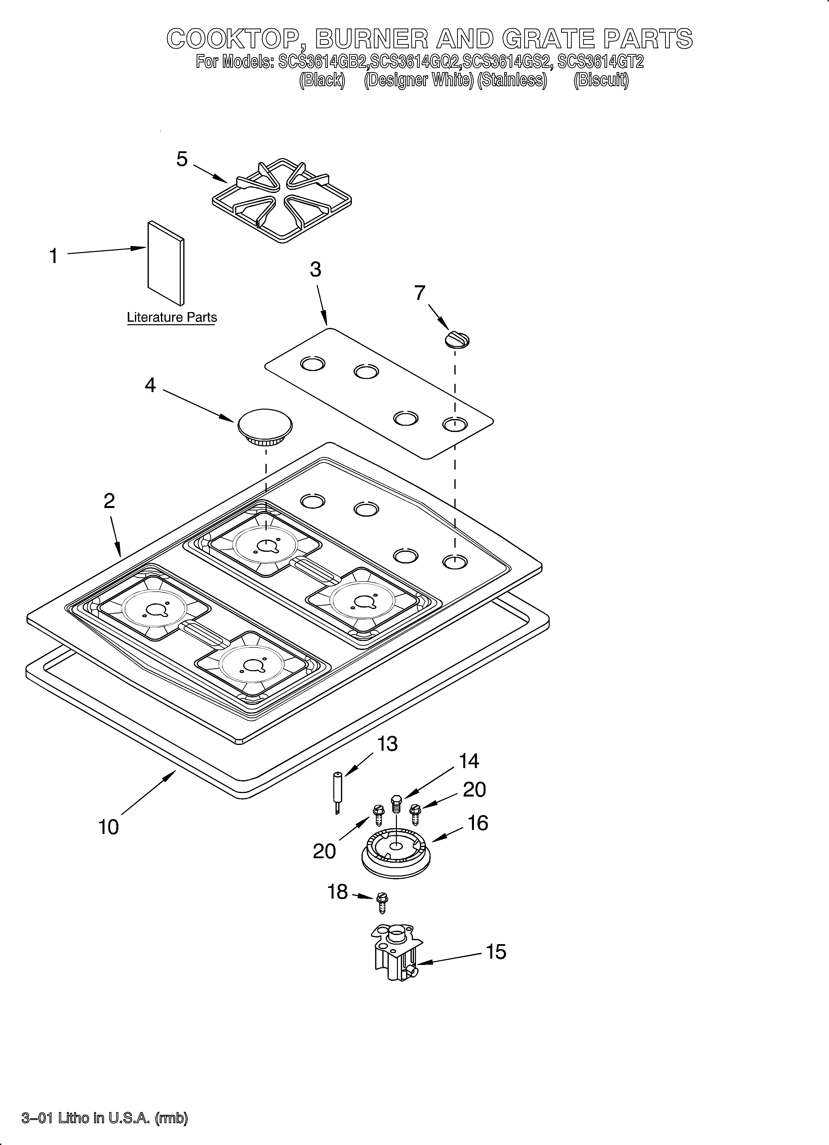 Whirlpool SCS3614GT2 cooktop, burner and grate diagram