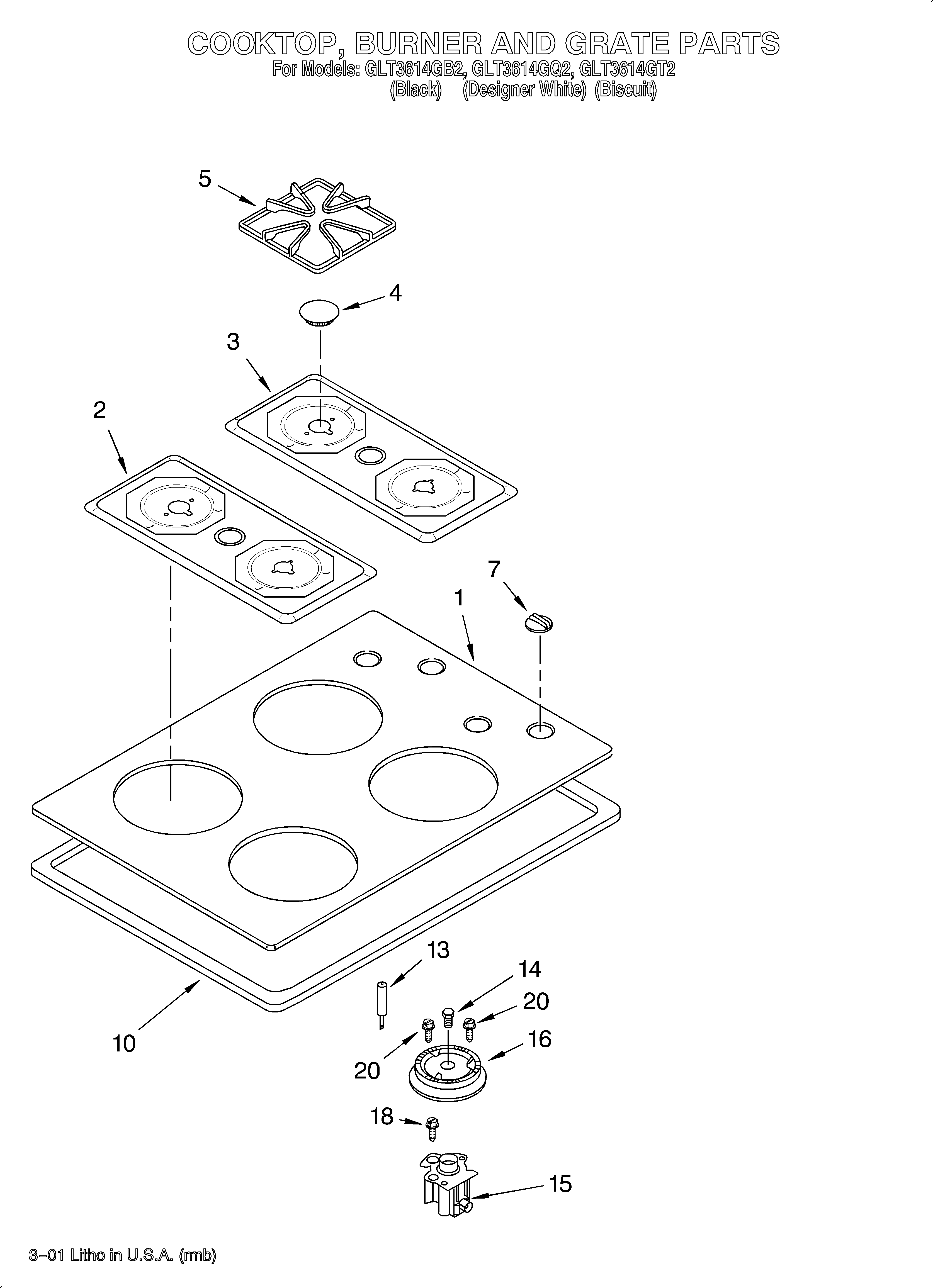 Whirlpool GLT3614GT2 cooktop, burner and grate diagram