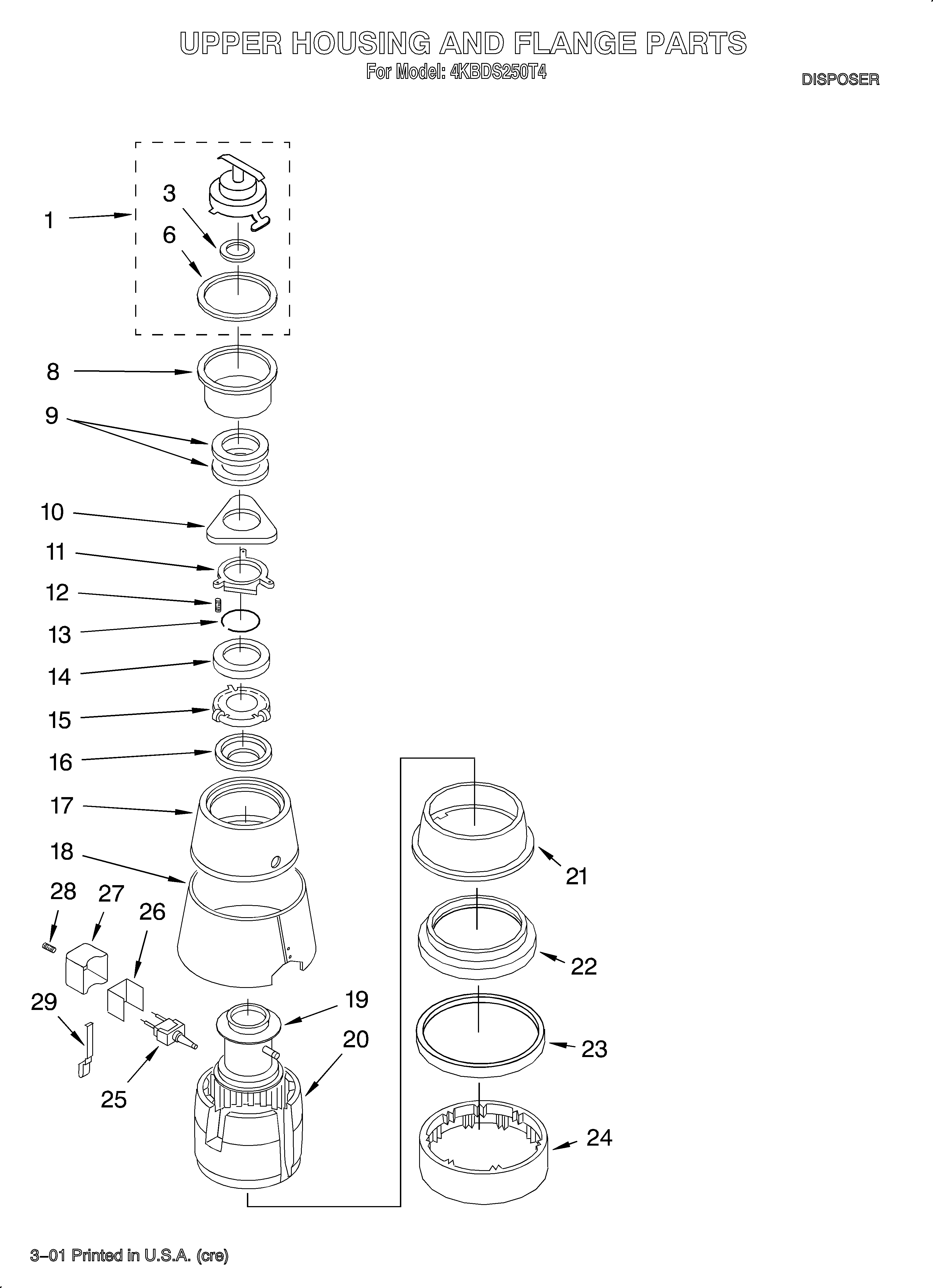 KitchenAid 4KBDS250T4 upper housing and flange diagram