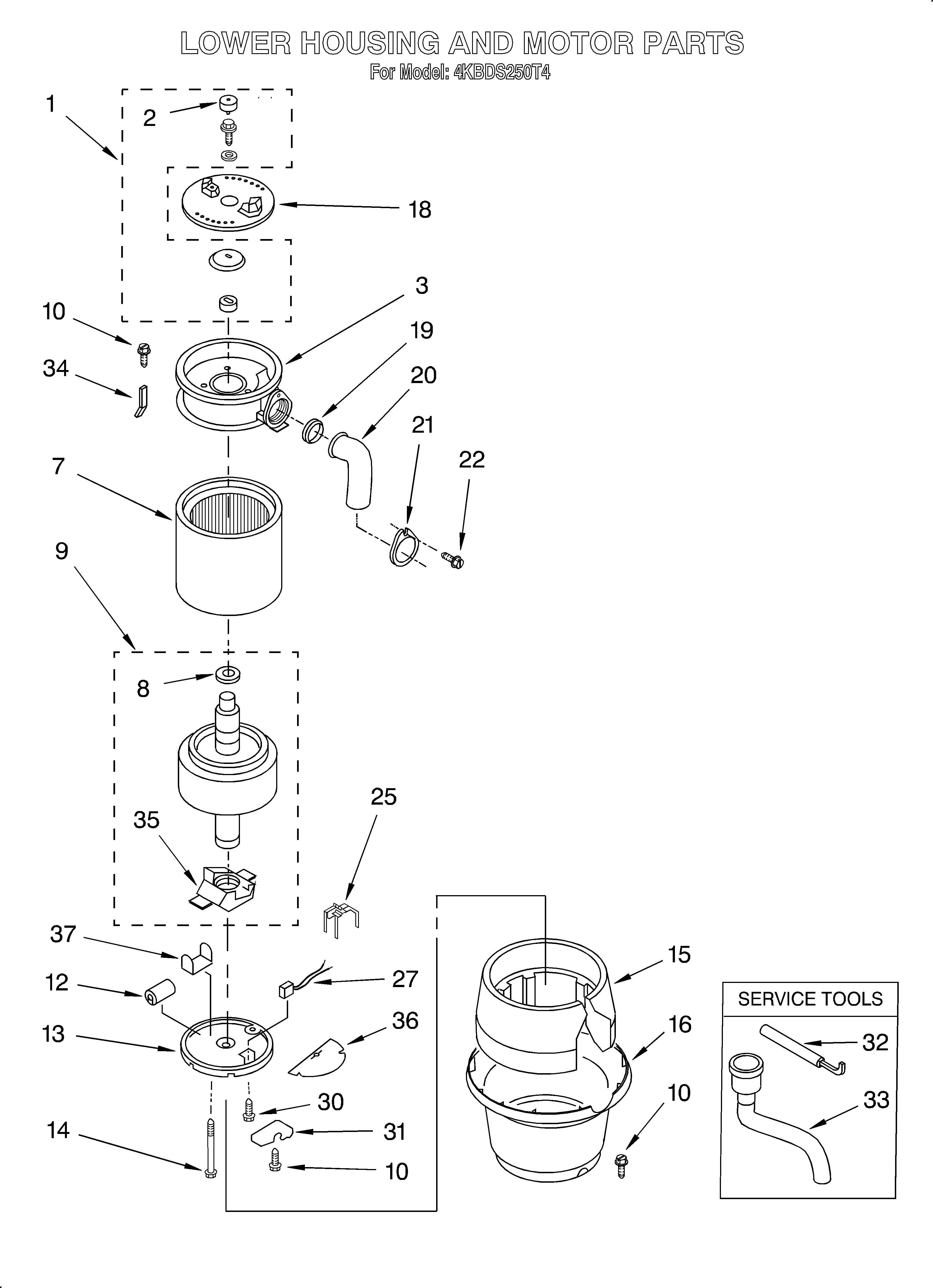 KitchenAid 4KBDS250T4 lower housing and motor diagram