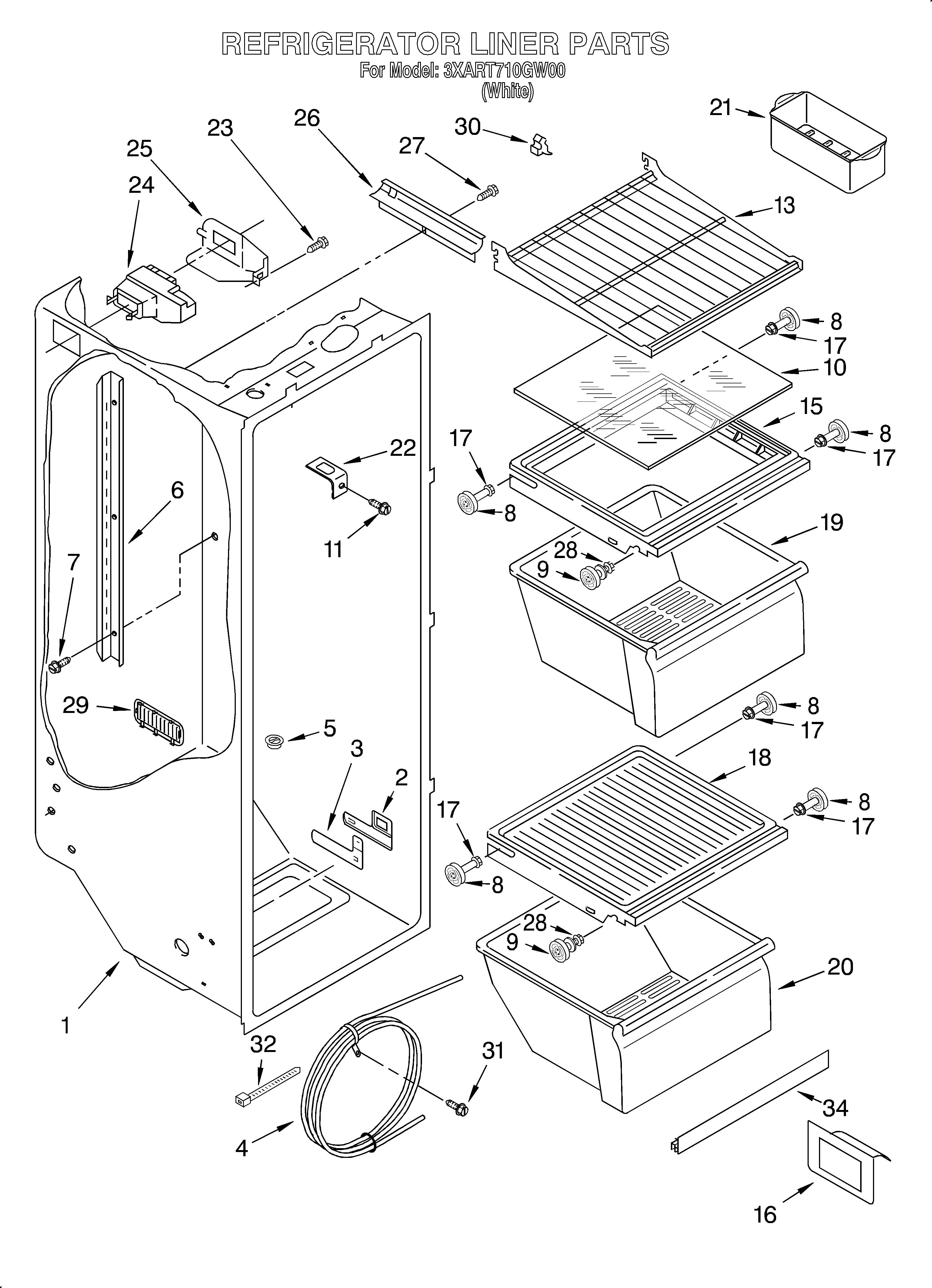 Whirlpool 3XART710GW00 refrigerator liner diagram