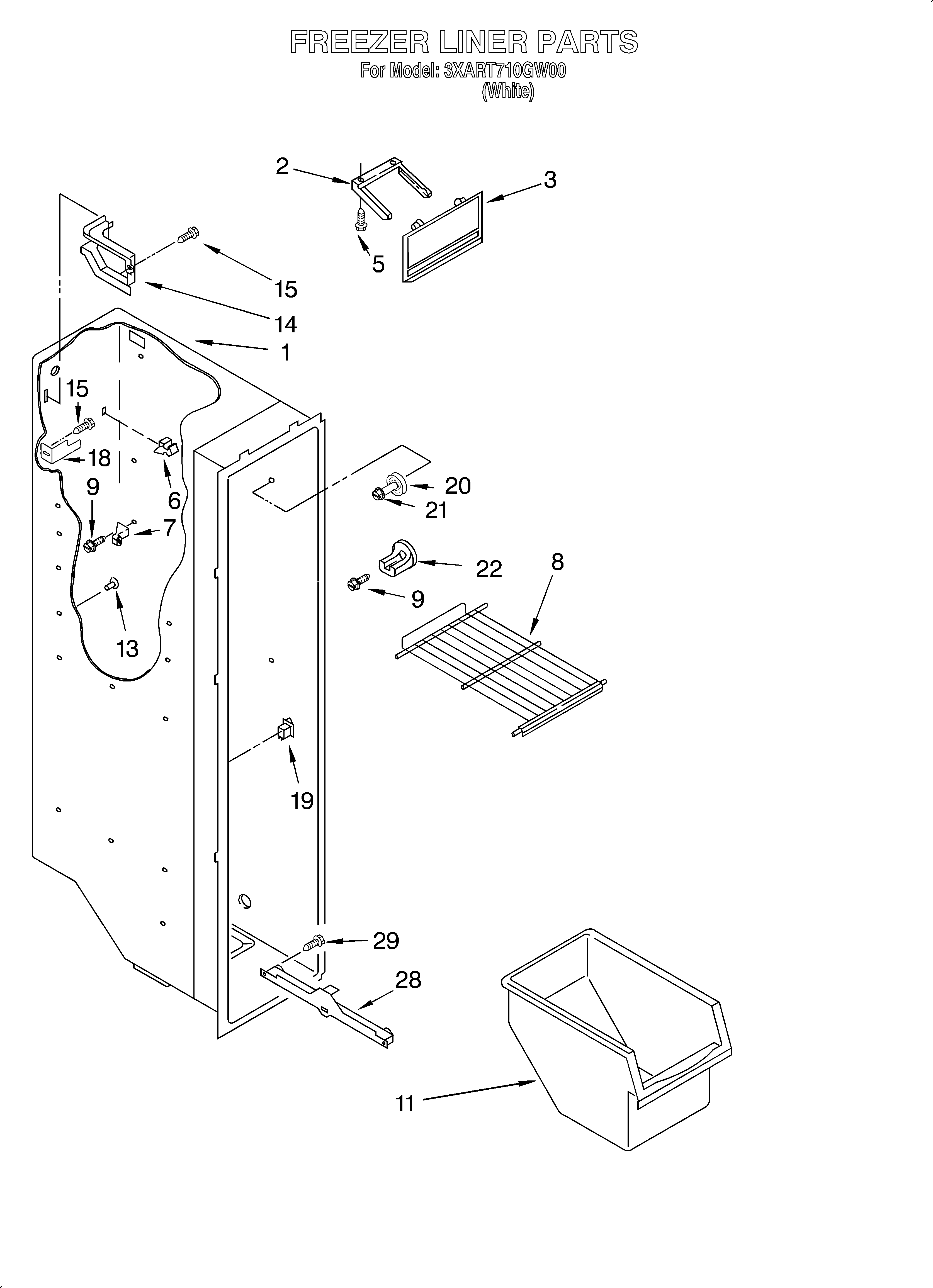 Whirlpool 3XART710GW00 freezer liner diagram