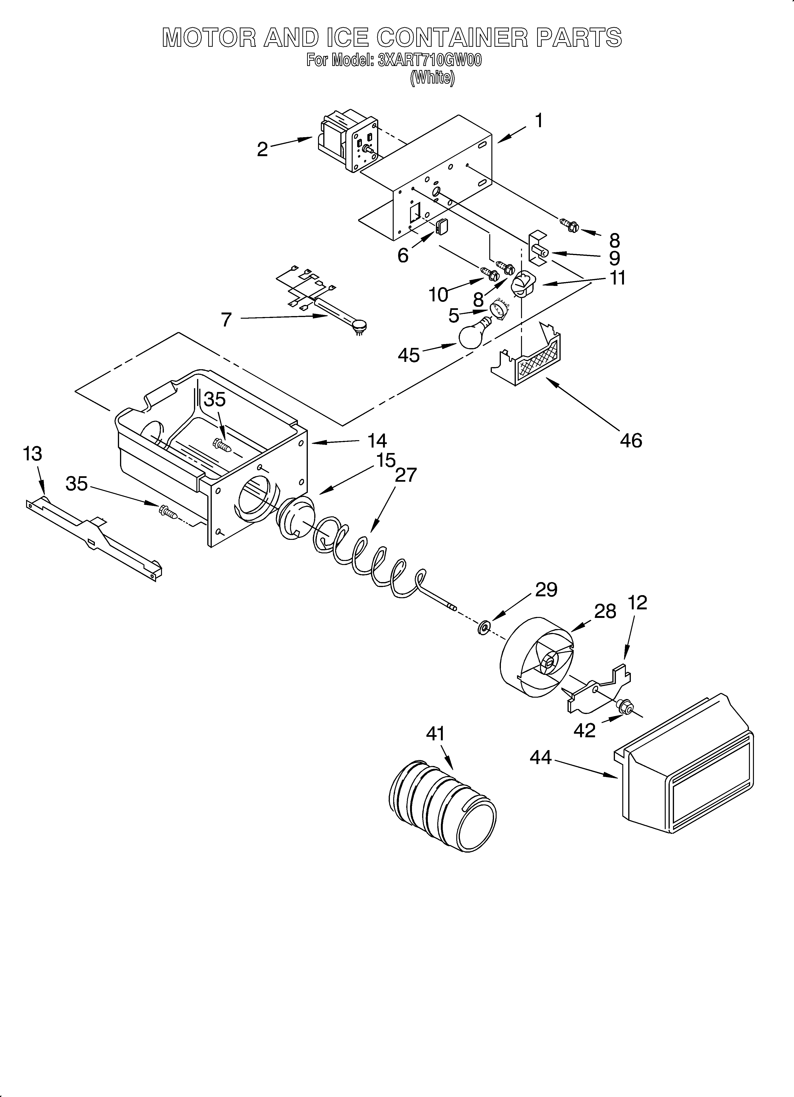 Whirlpool 3XART710GW00 motor and ice container diagram