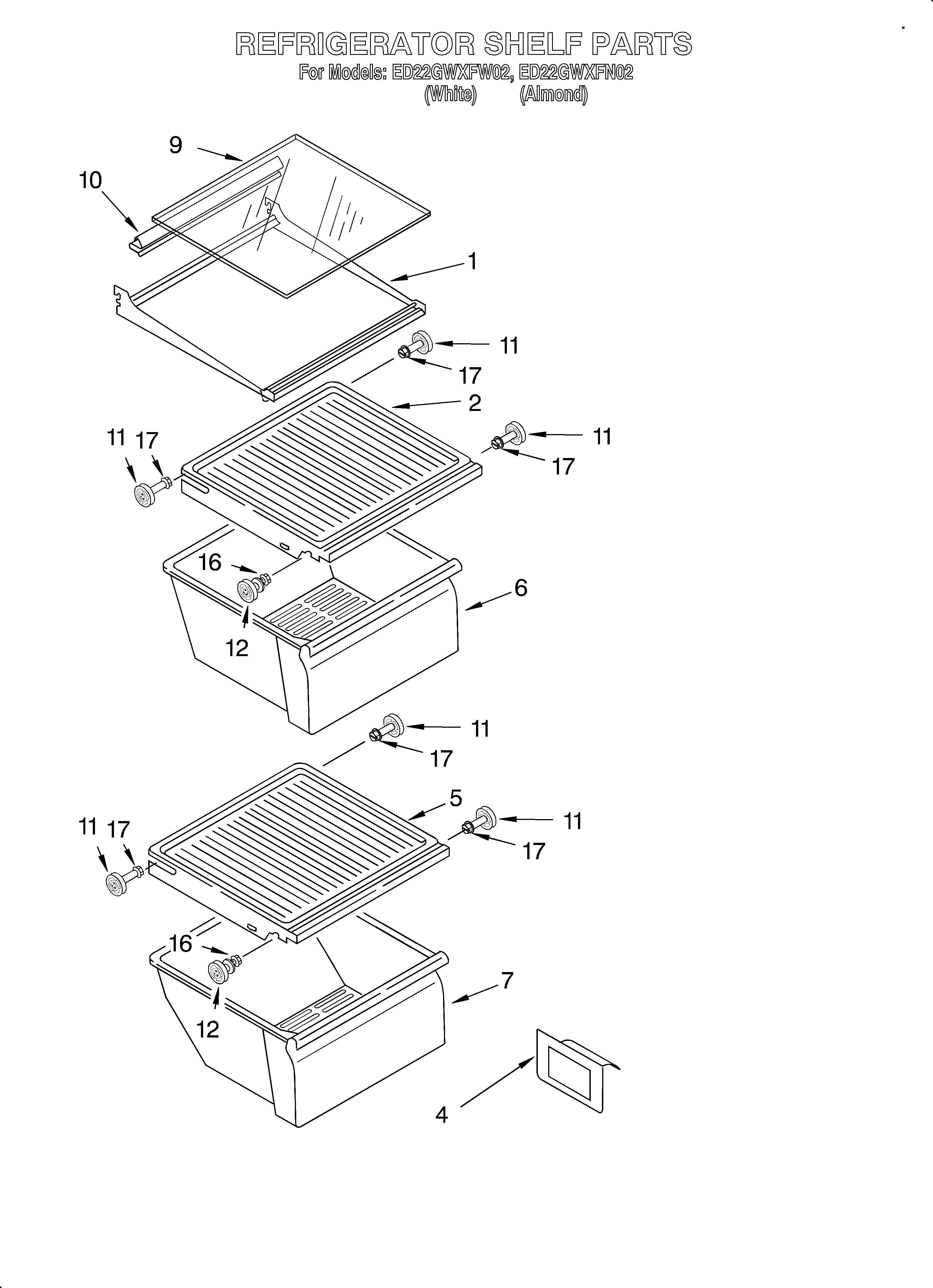 Whirlpool ED22GWXFW02 refrigerator shelf diagram