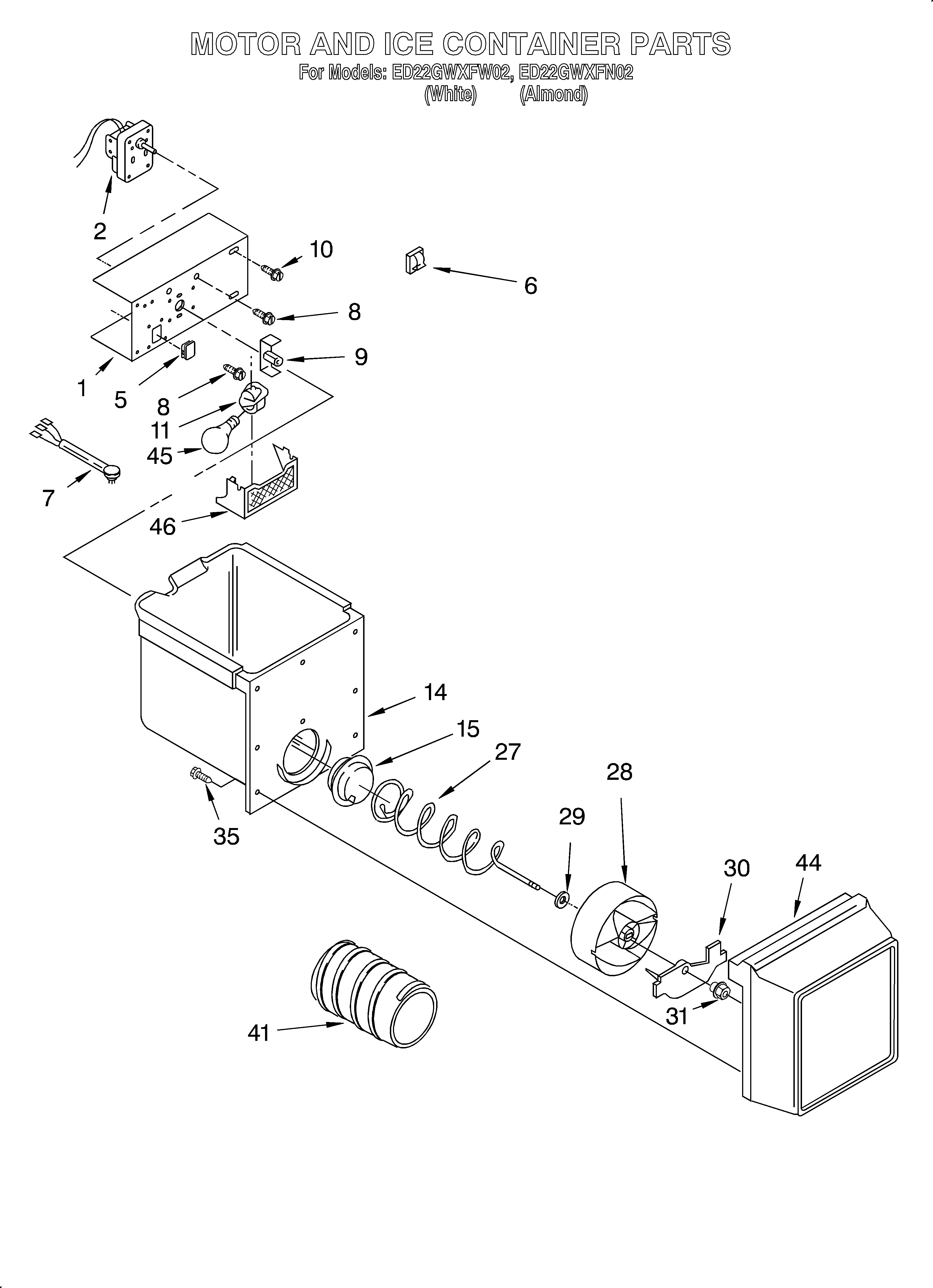 Whirlpool ED22GWXFW02 motor and ice container diagram