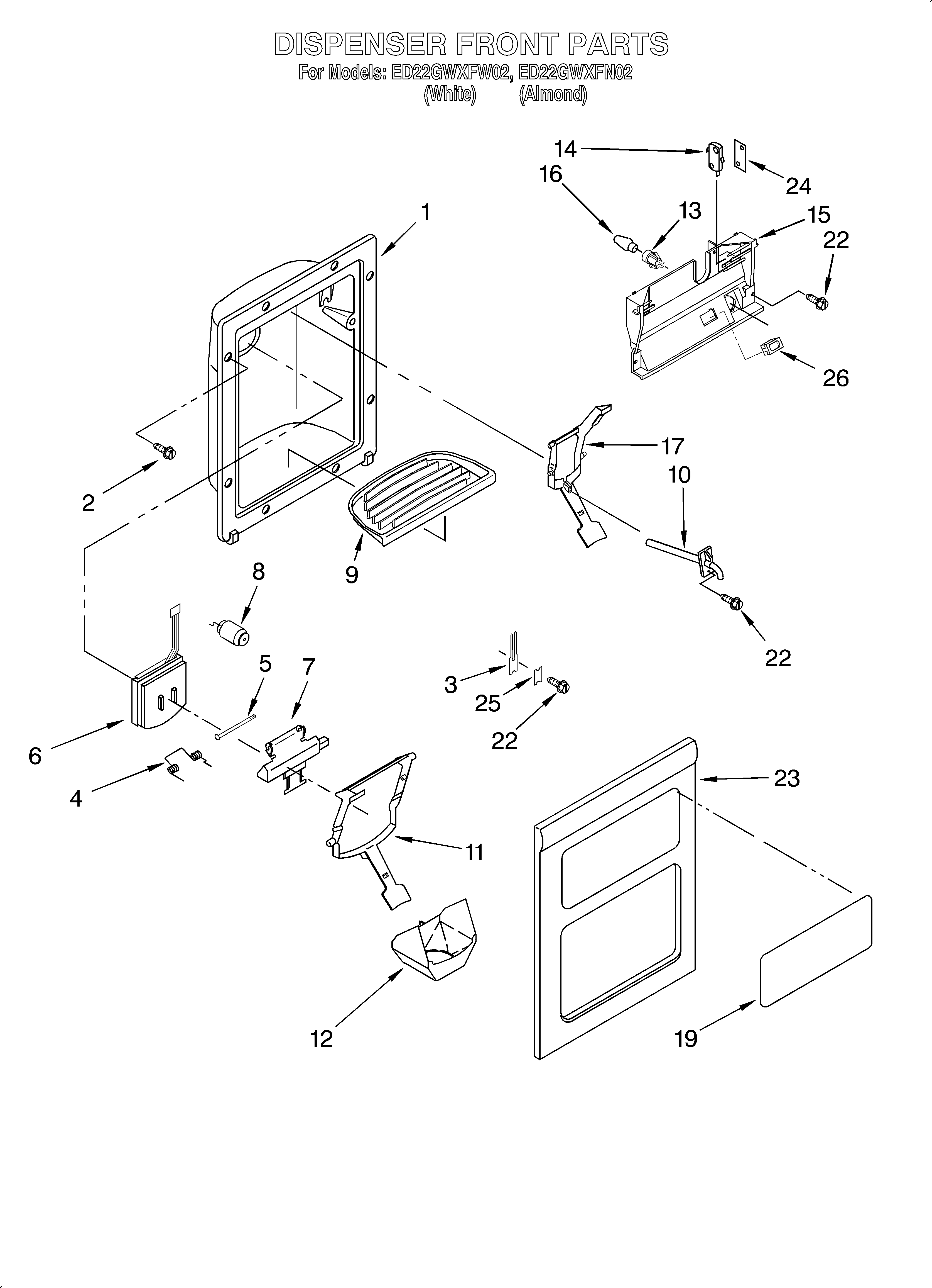 Whirlpool ED22GWXFW02 dispenser front diagram