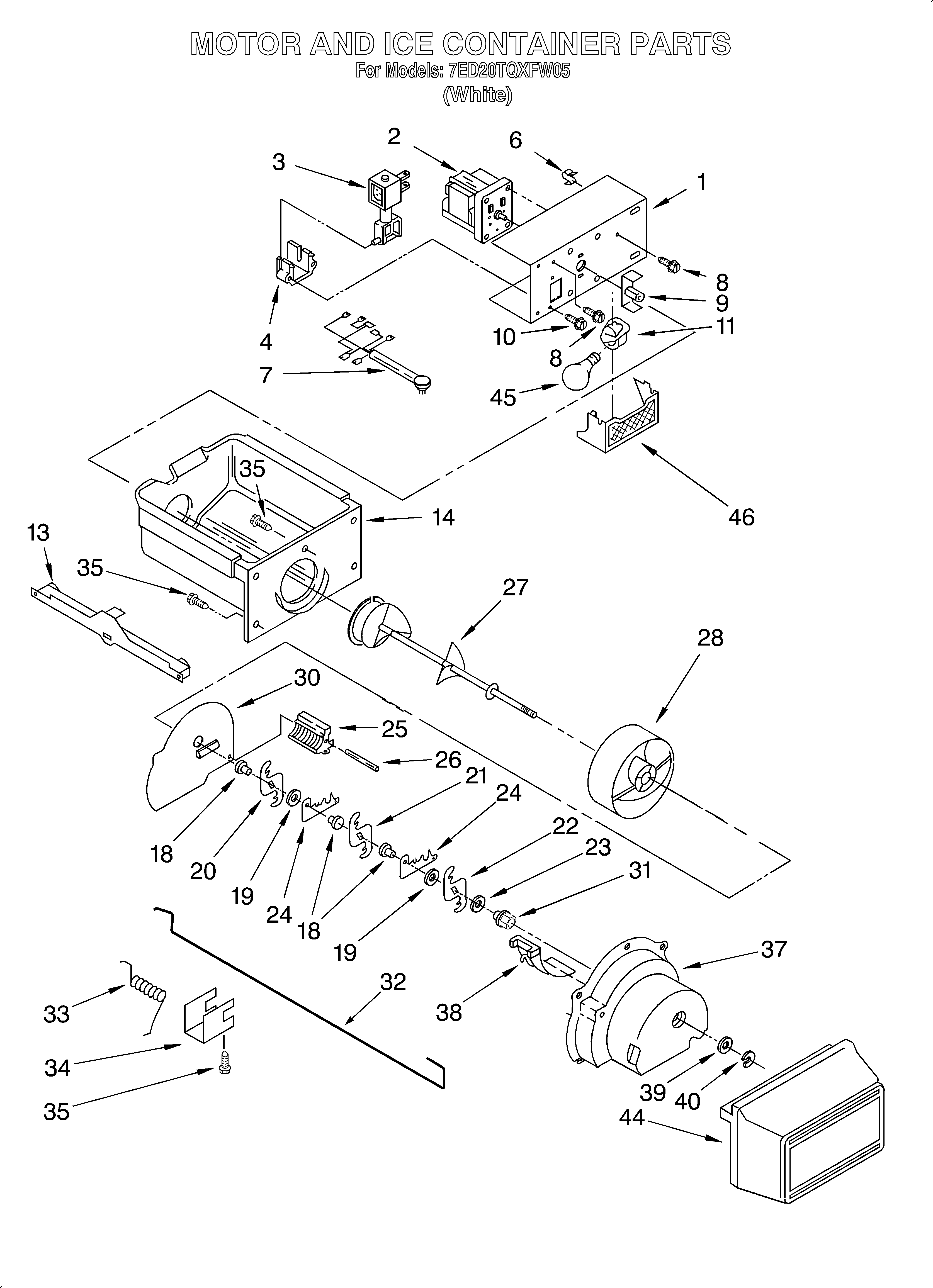 Whirlpool 7ED20TQXFW05 motor and ice container diagram