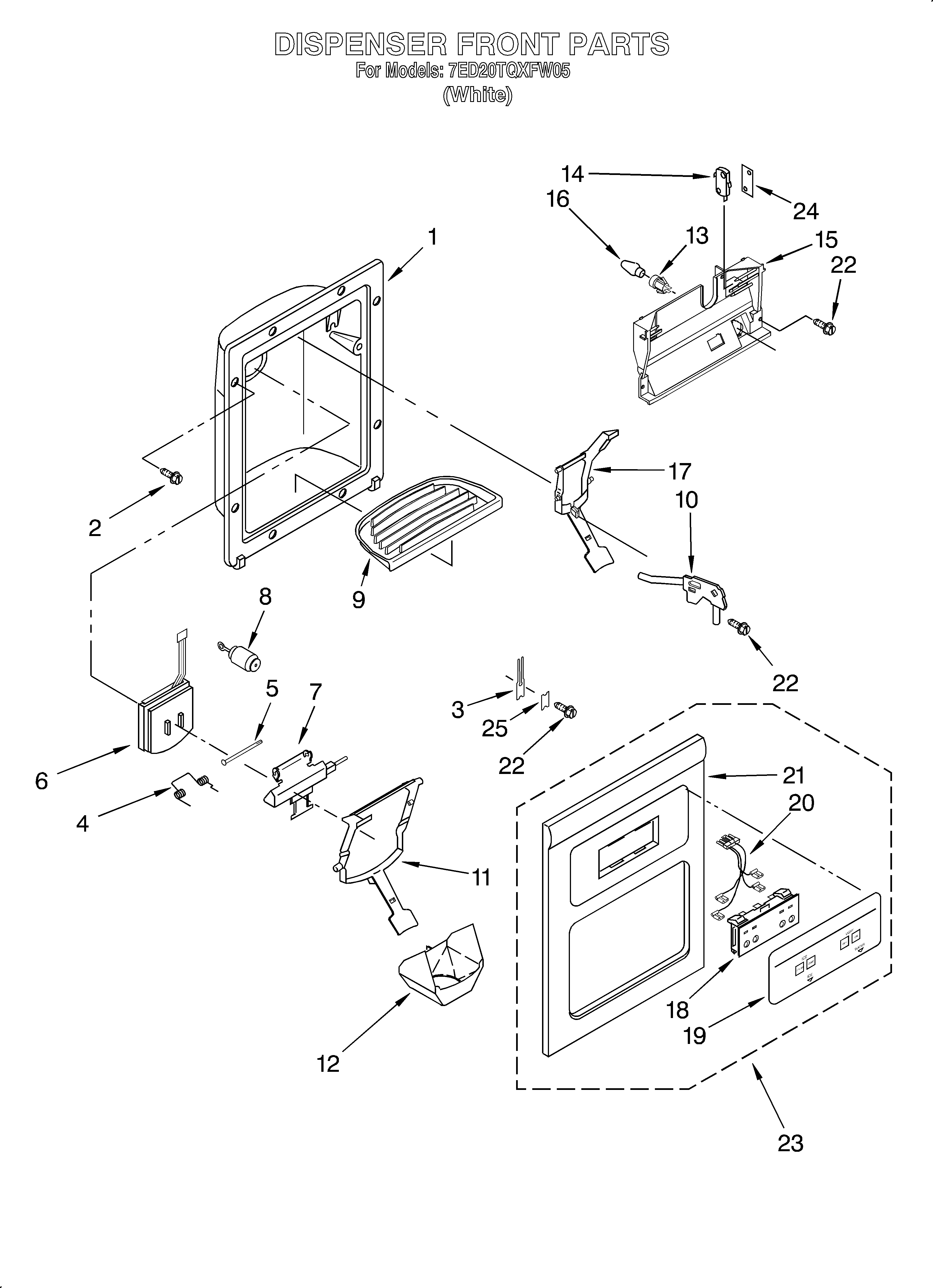 Whirlpool 7ED20TQXFW05 dispenser front diagram