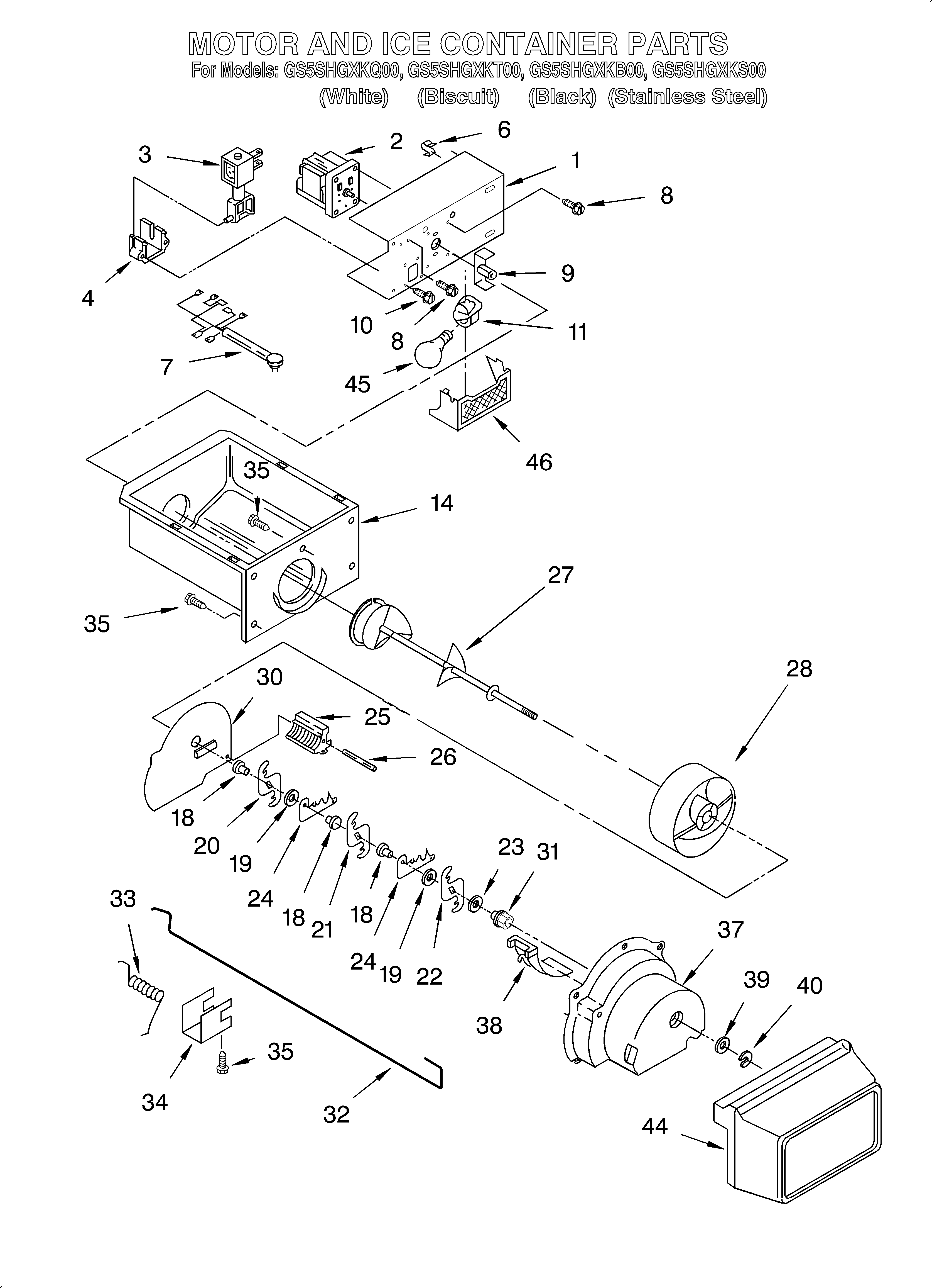 Whirlpool GS5SHGXKT00 motor and ice container diagram