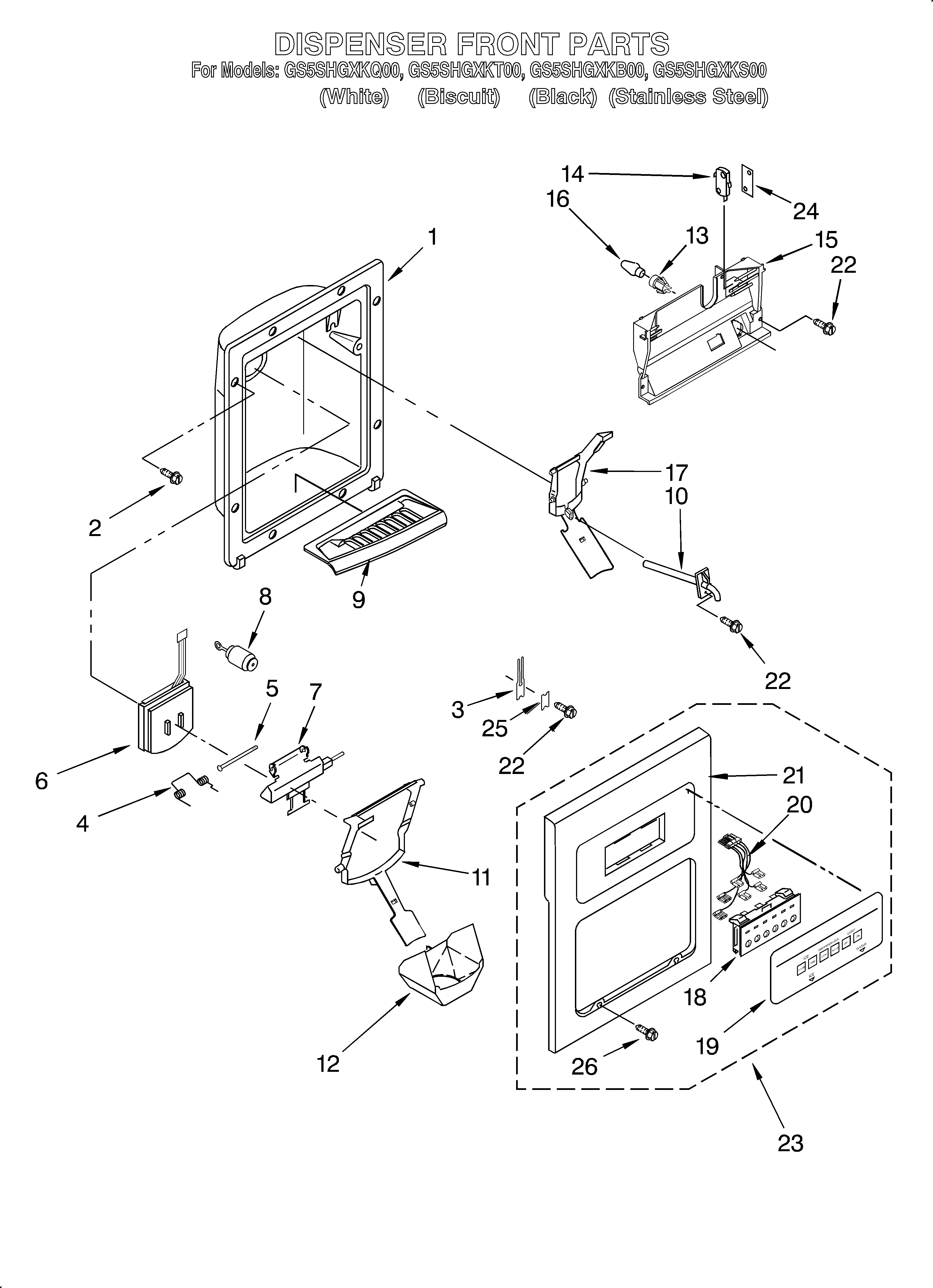 Whirlpool GS5SHGXKT00 dispenser front diagram