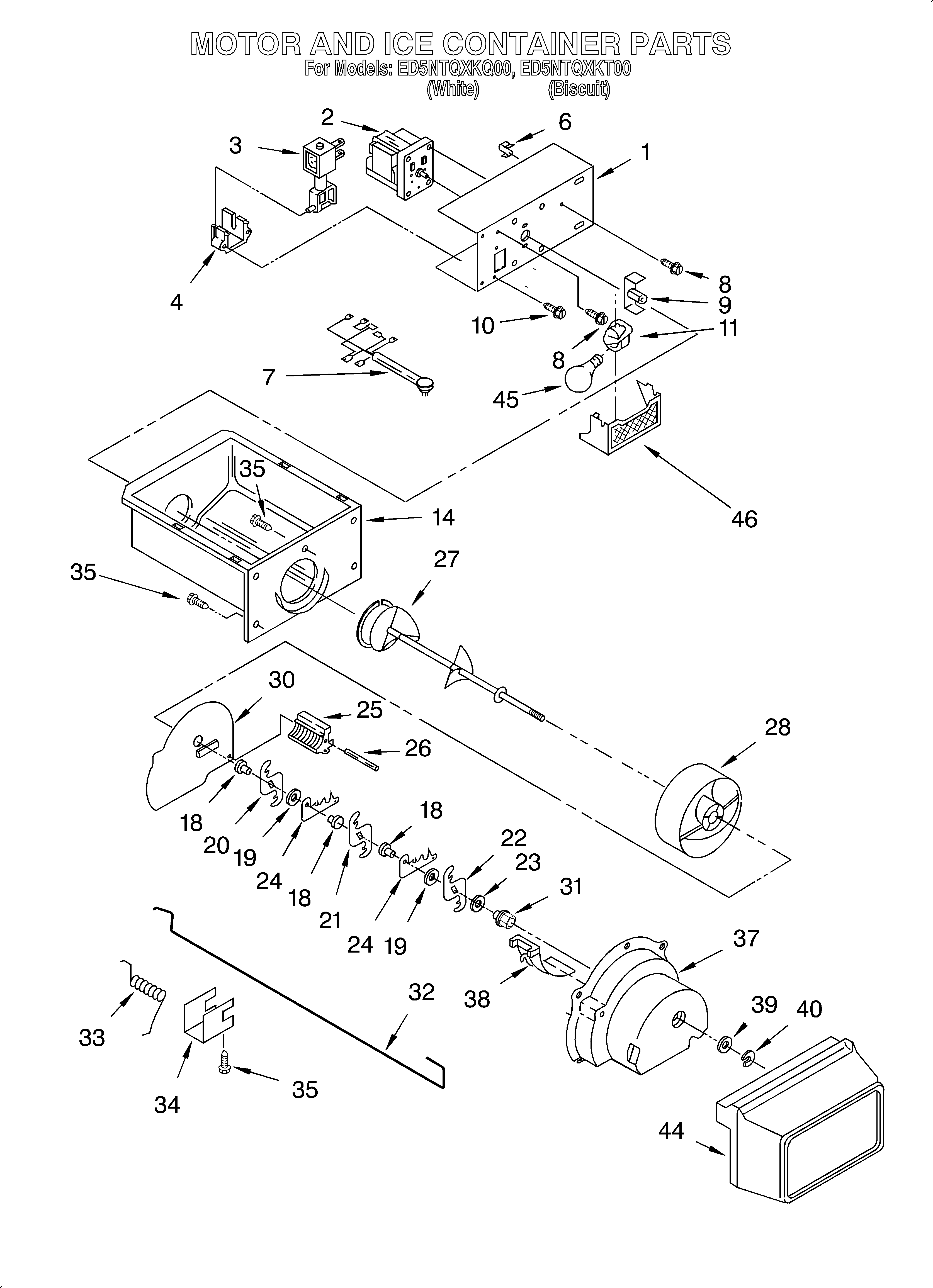 Whirlpool ED5NTQXKT00 motor and ice container diagram