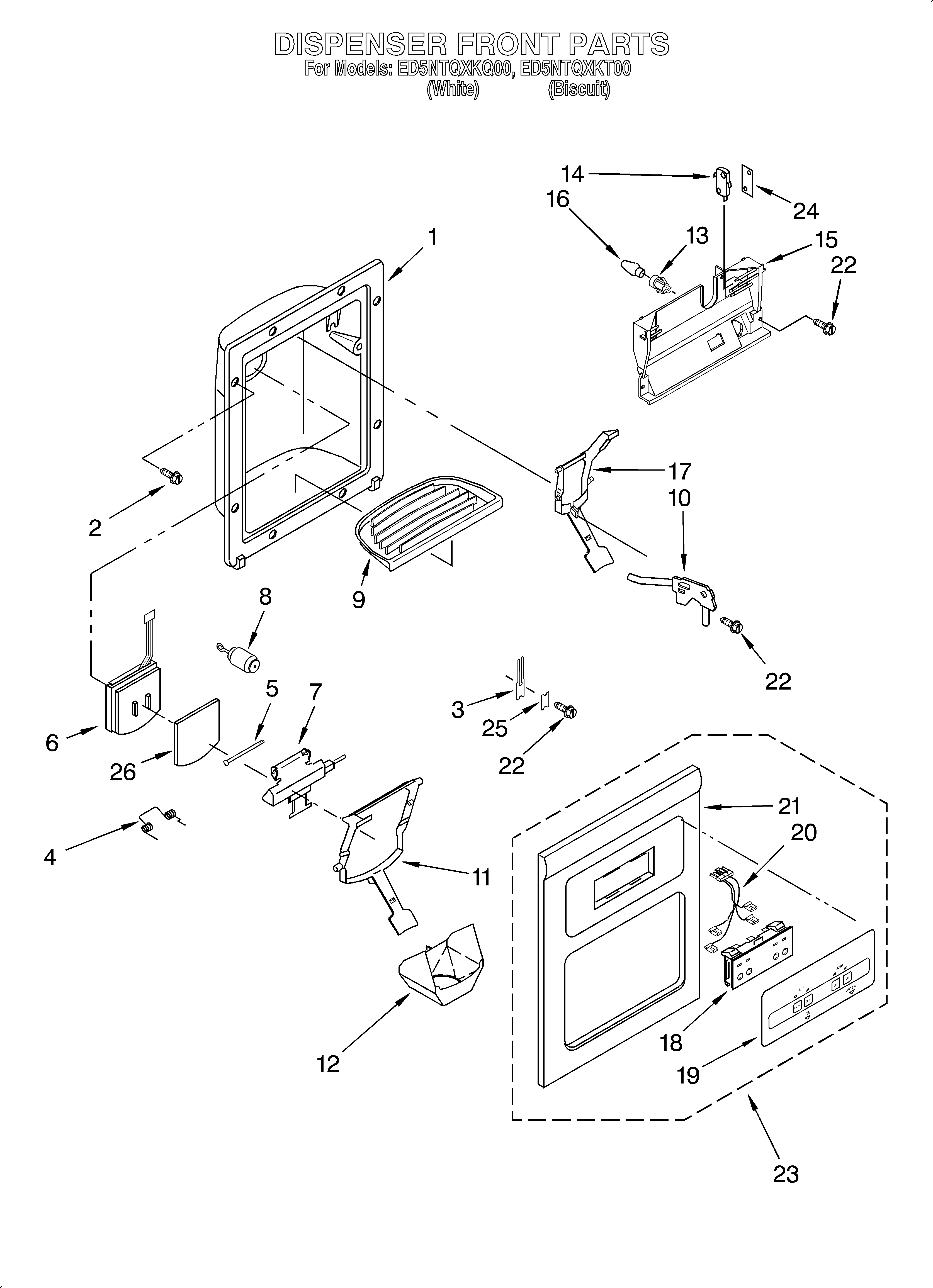 Whirlpool ED5NTQXKT00 dispenser front diagram