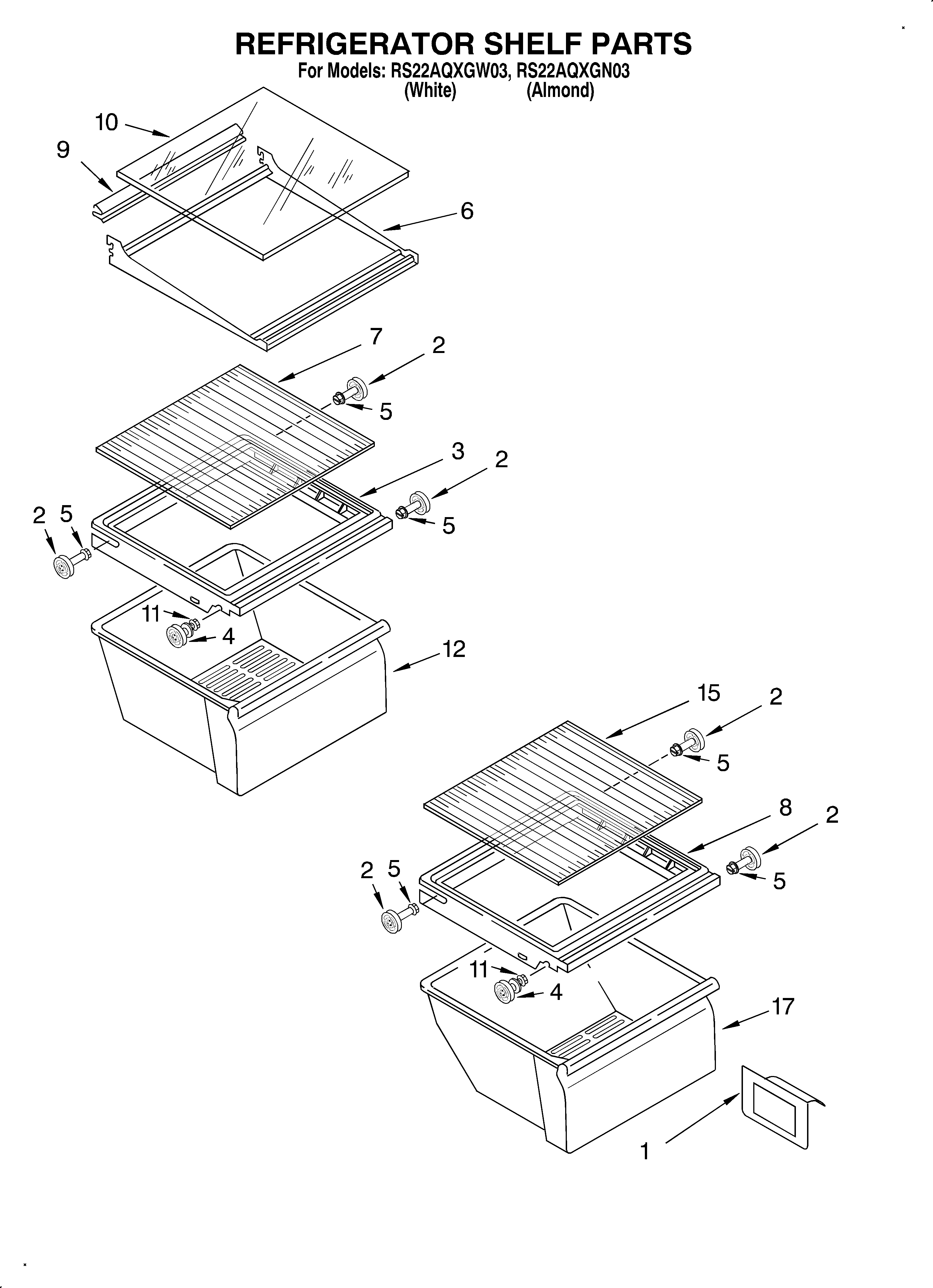 Roper RS22AQXGN03 refrigerator shelf diagram