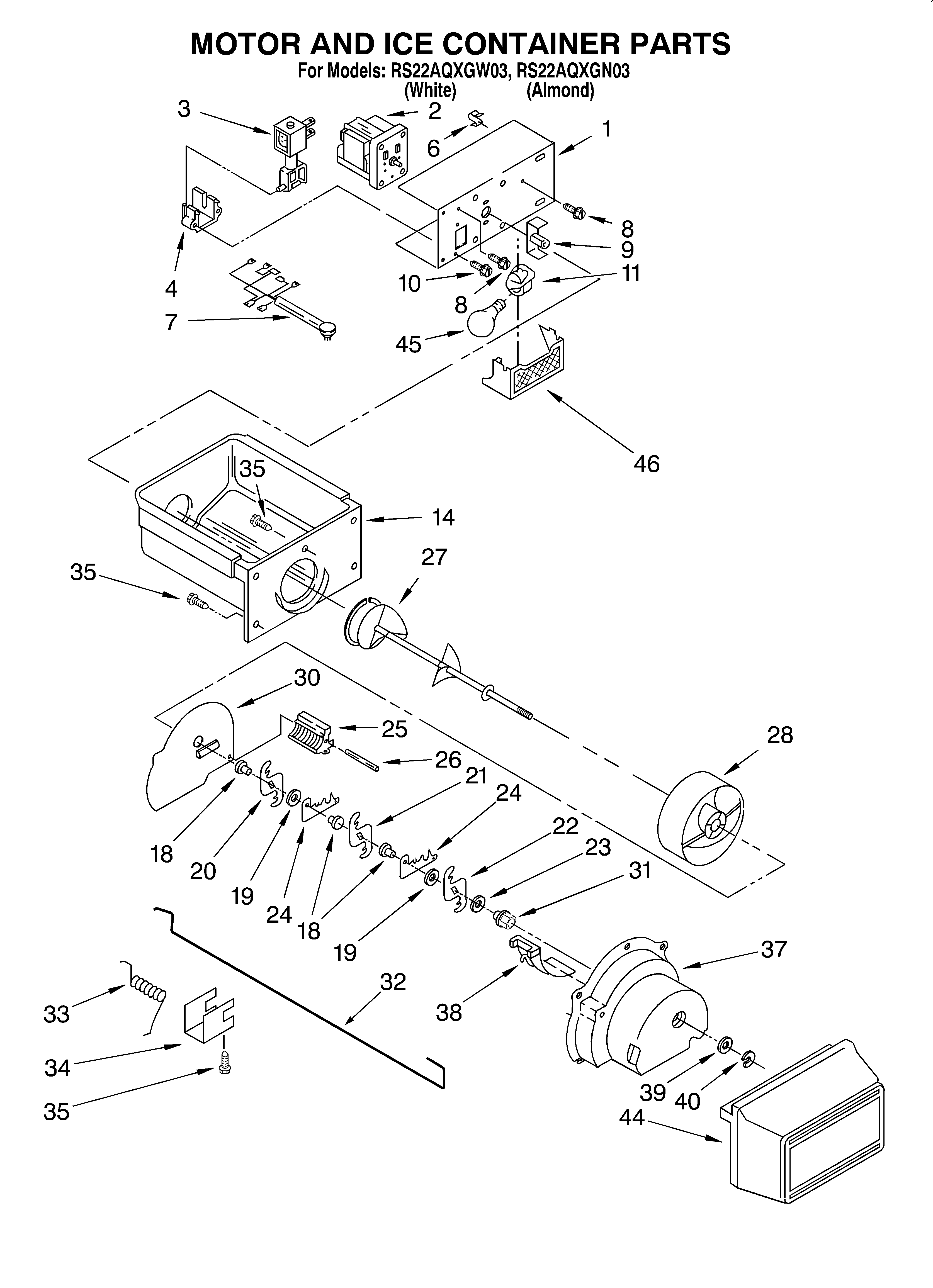 Roper RS22AQXGN03 motor and ice container diagram