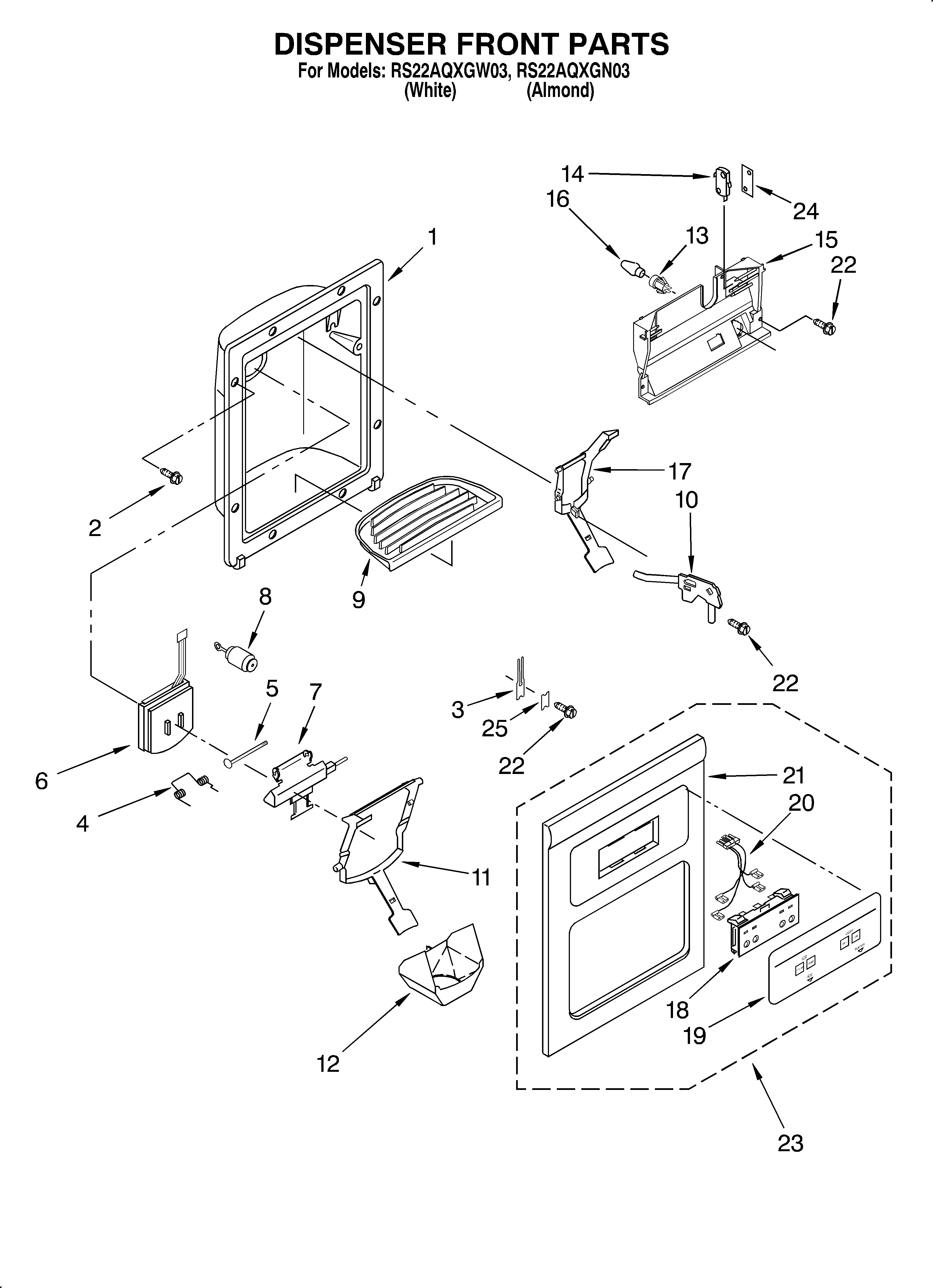 Roper RS22AQXGN03 dispenser front diagram
