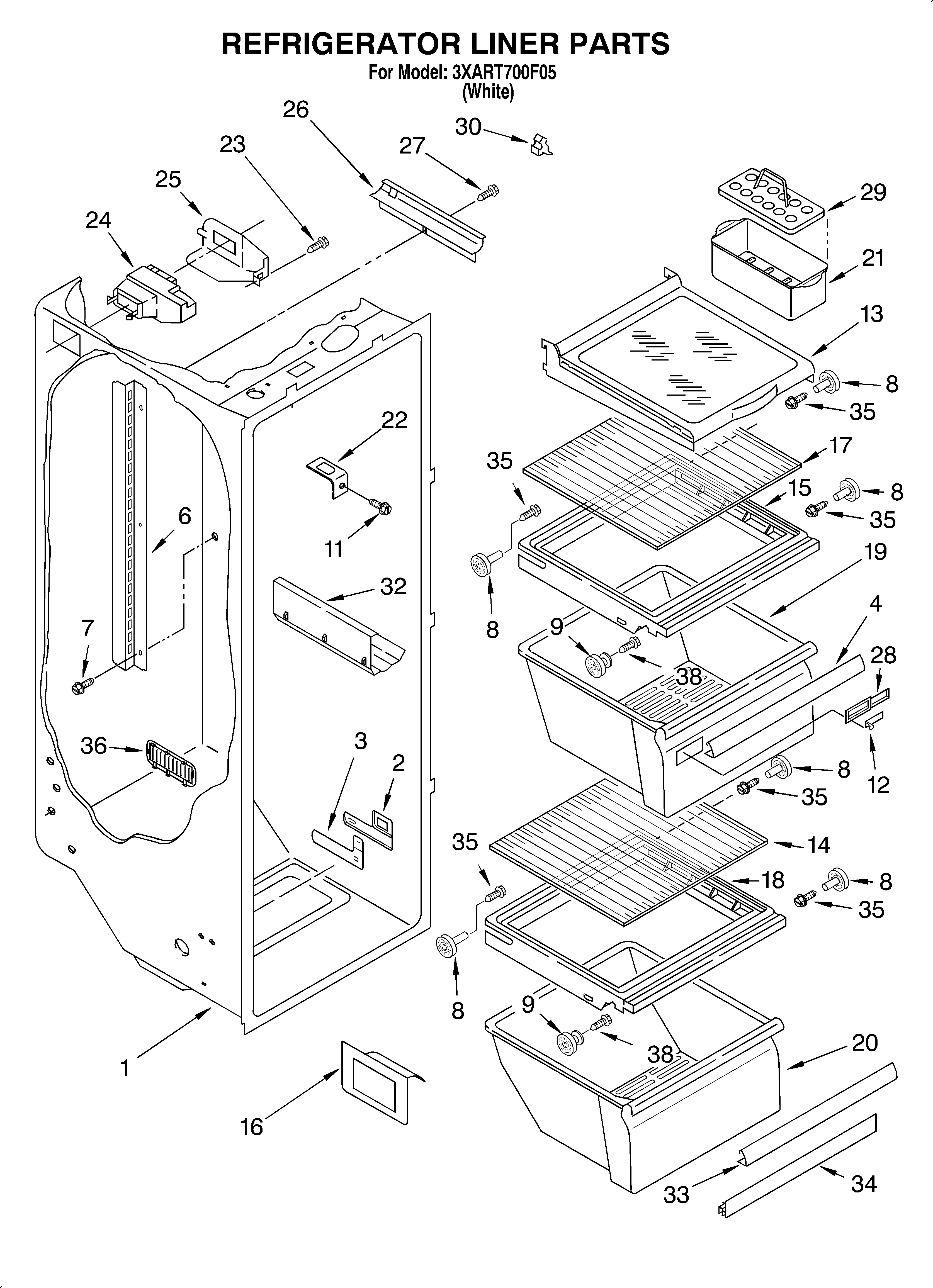 Whirlpool 3XART700F05 refrigerator liner diagram