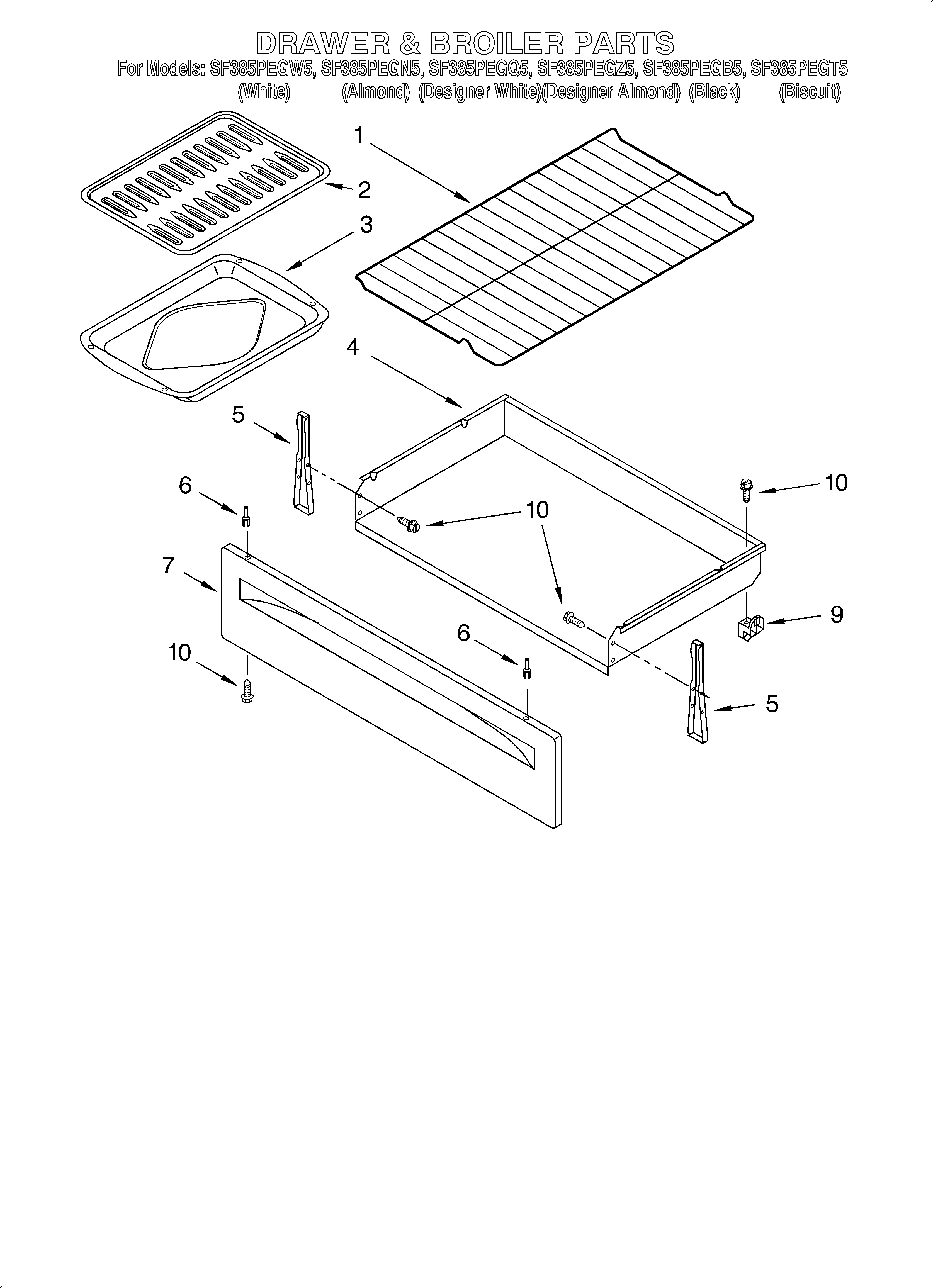 Whirlpool SF385PEGT5 drawer & broiler diagram