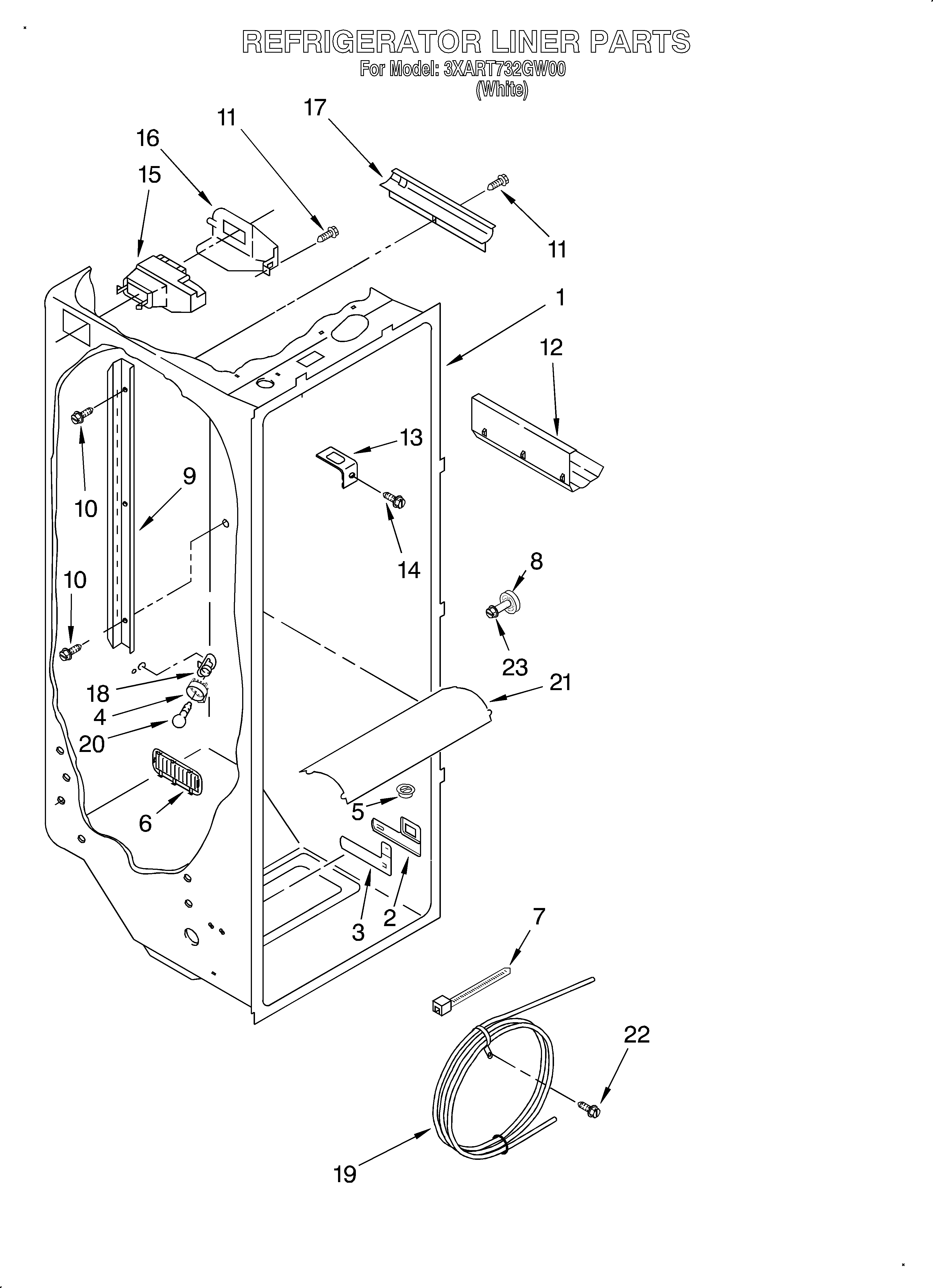 Whirlpool 3XART732GW00 refrigerator liner diagram