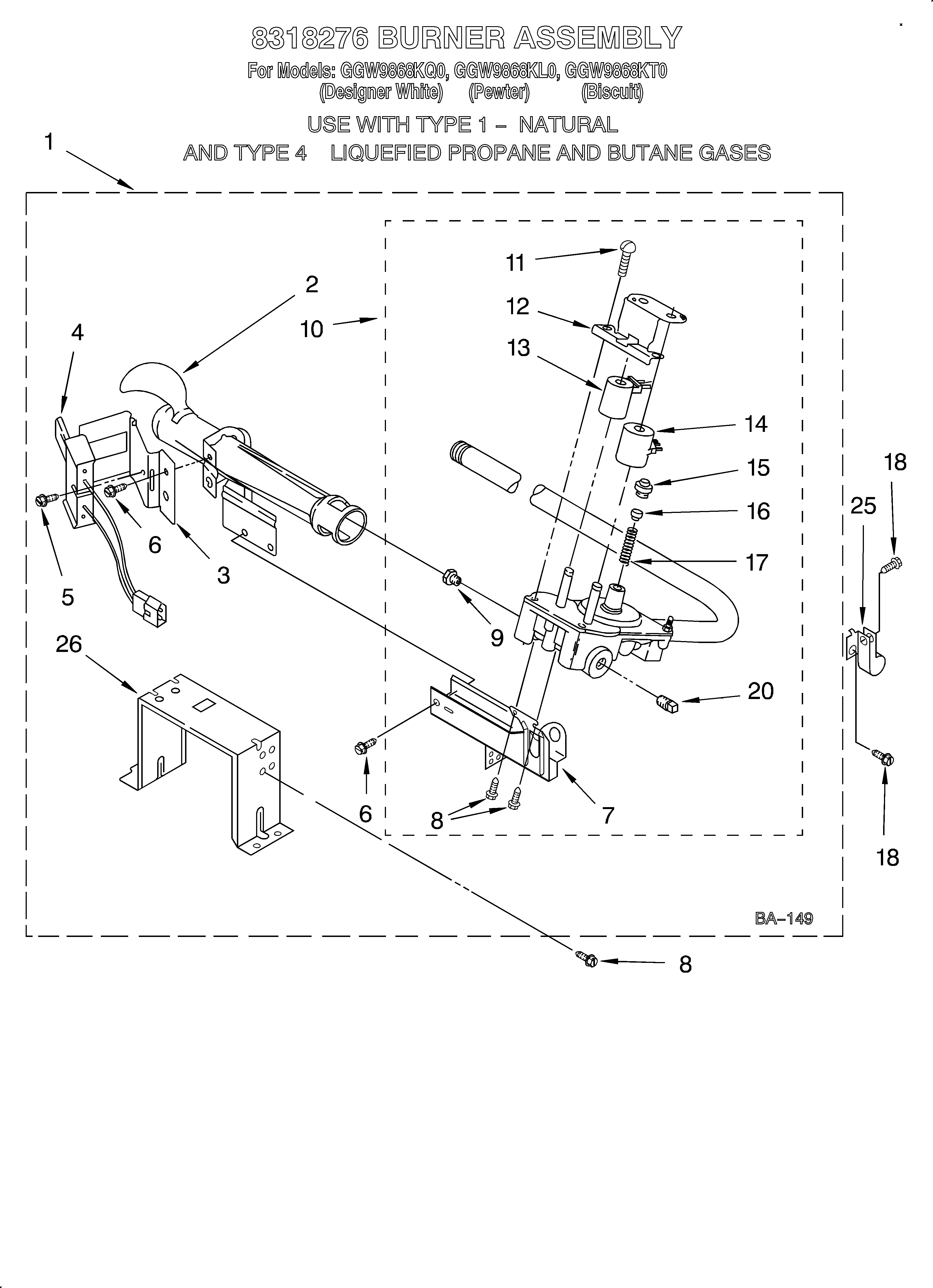 Whirlpool GGW9868KQ0 8318276 burner assembly diagram