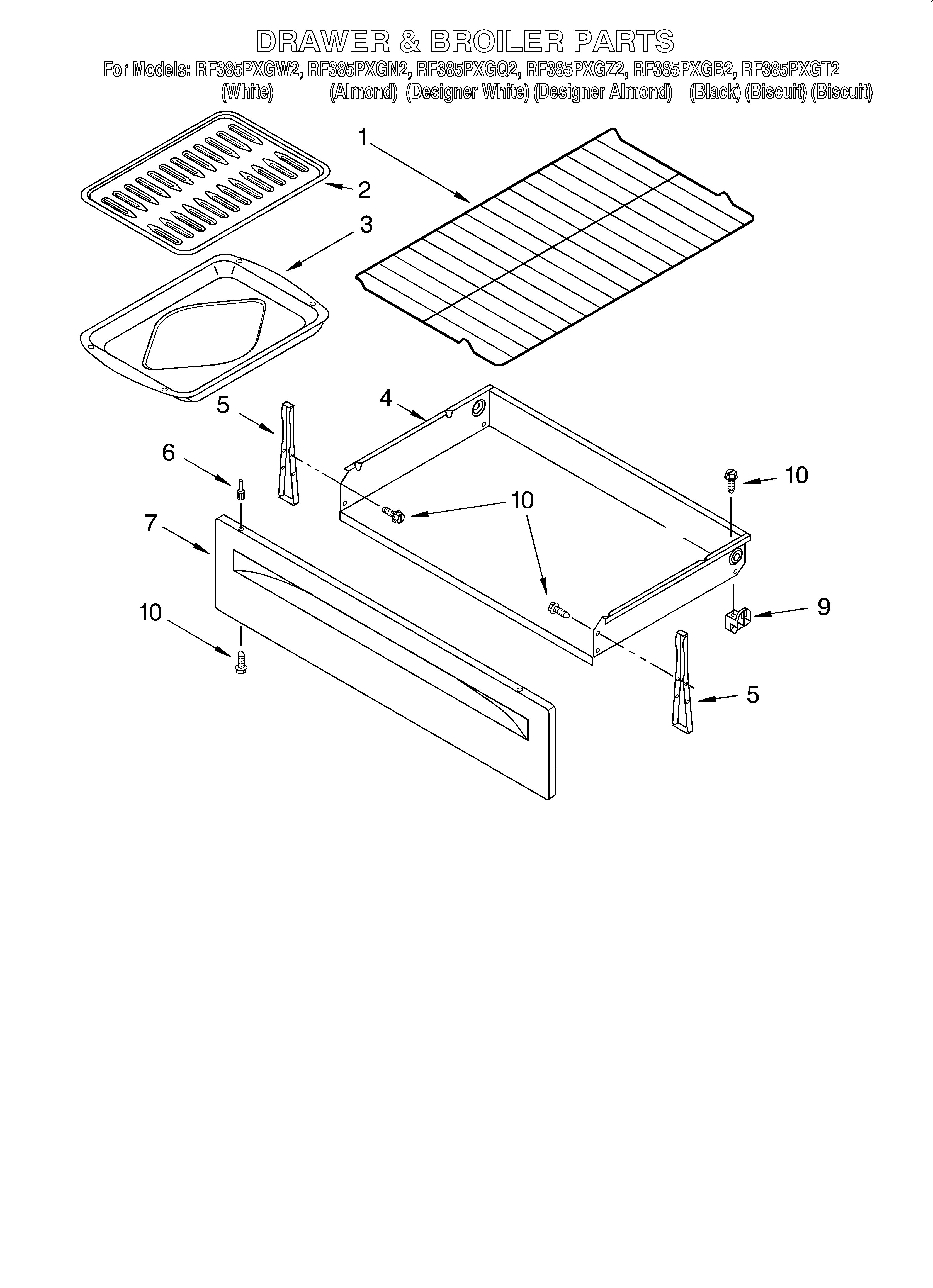 Whirlpool RF385PXGB2 drawer and broiler diagram