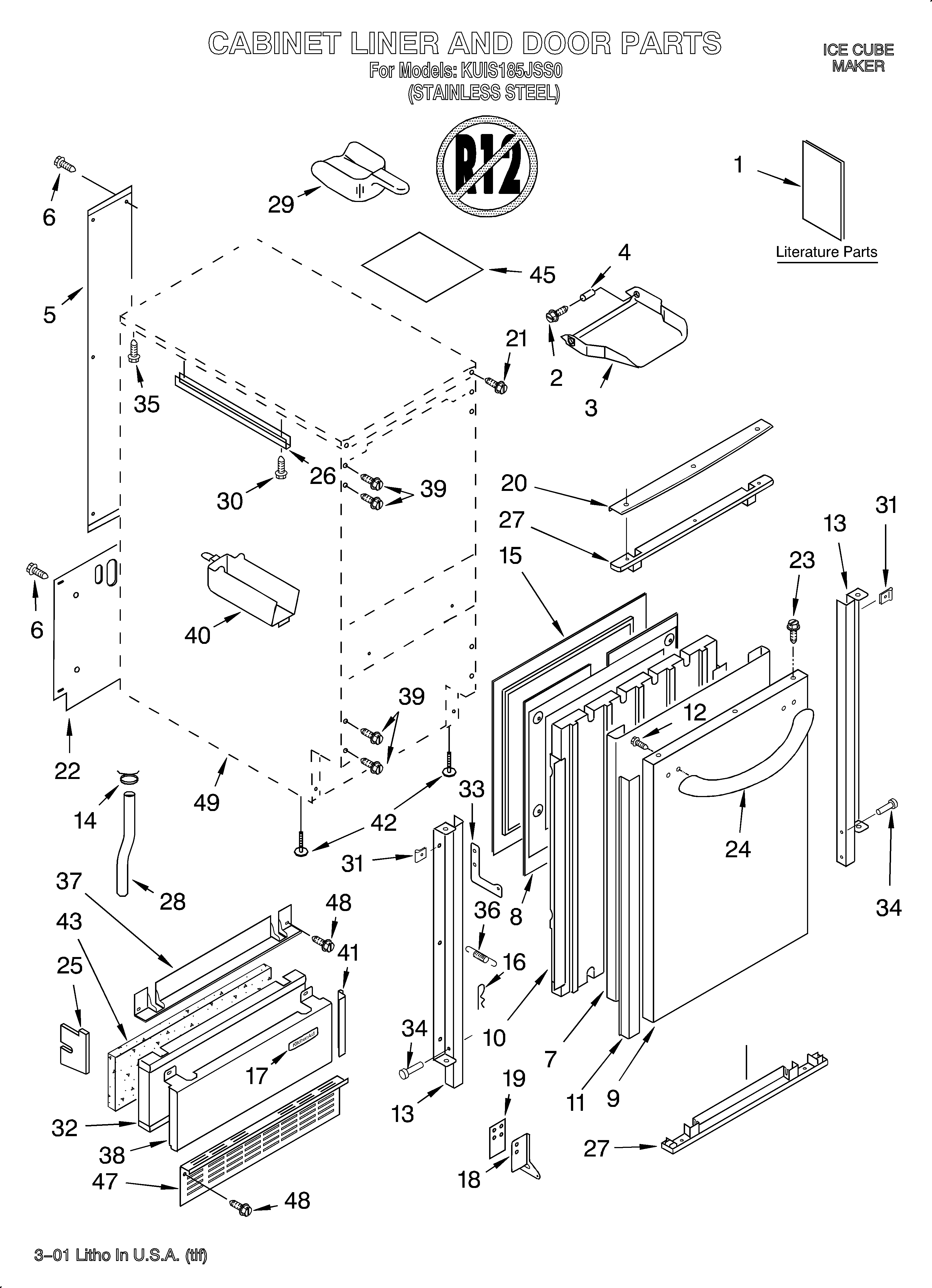 KitchenAid KUIS185JSS0 cabinet liner and door/literature diagram