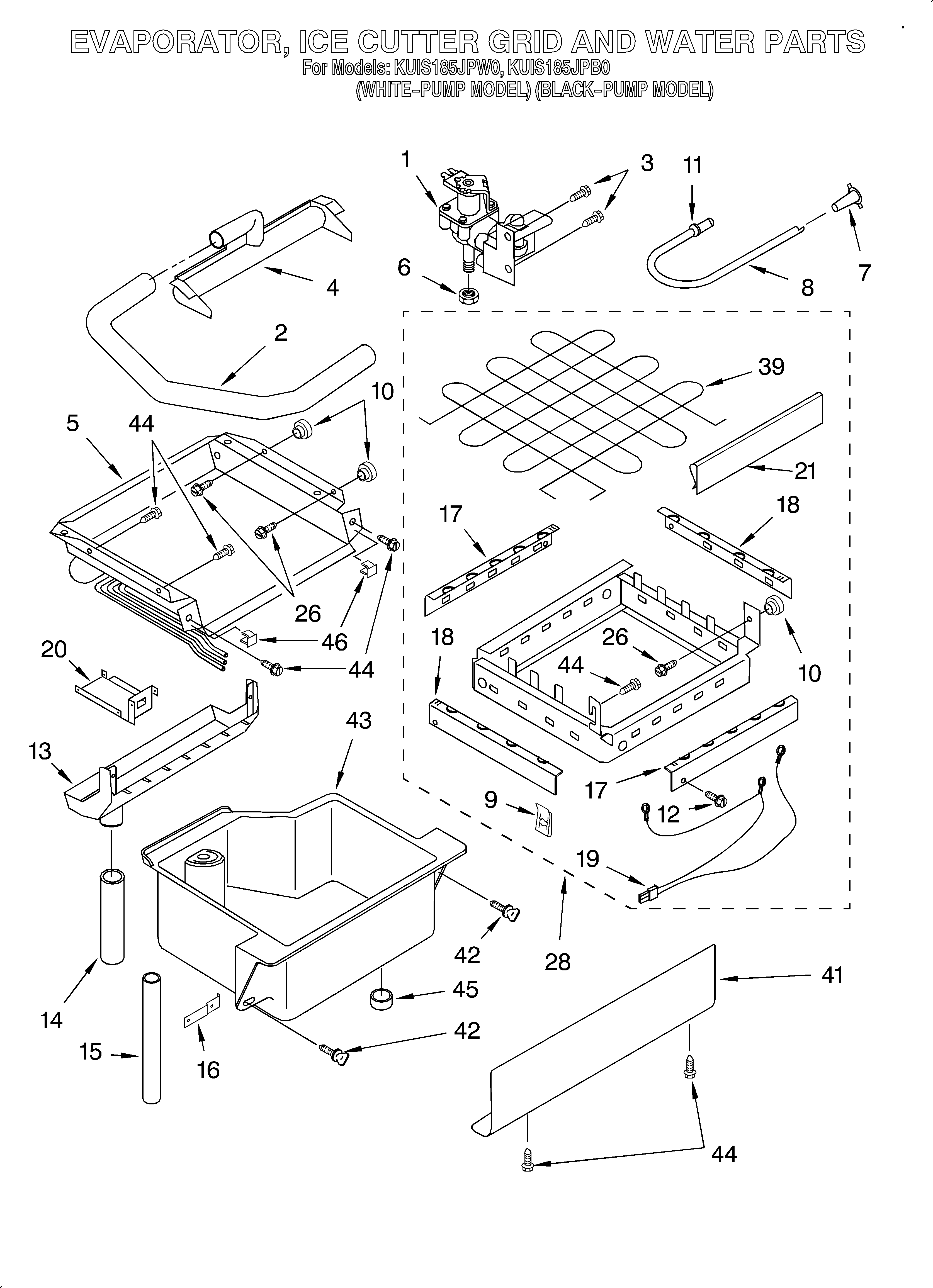 KitchenAid KUIS185JPB0 evaporator, ice cutter grid and water diagram