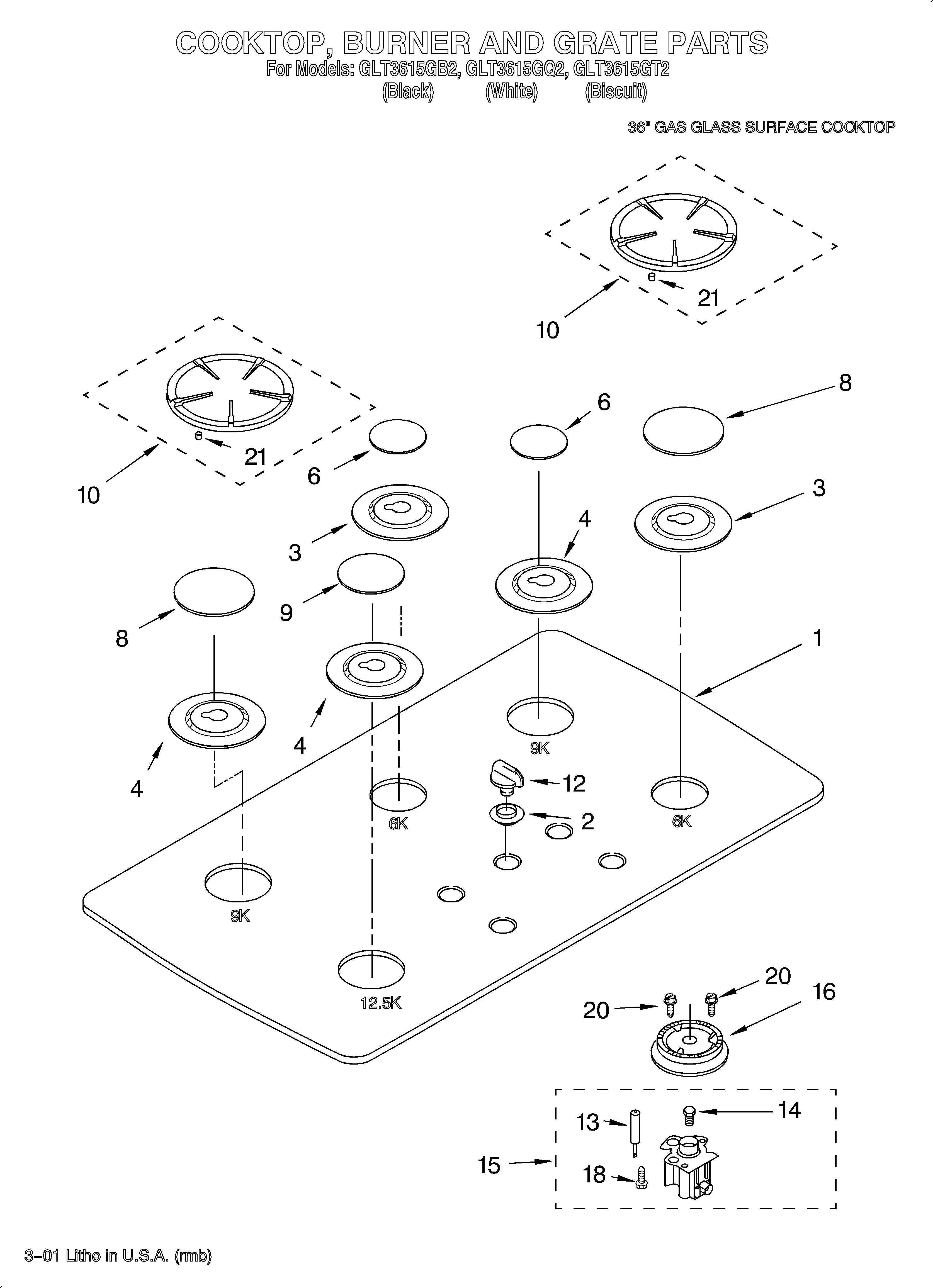 Whirlpool GLT3615GB2 cooktop, burner, grate diagram