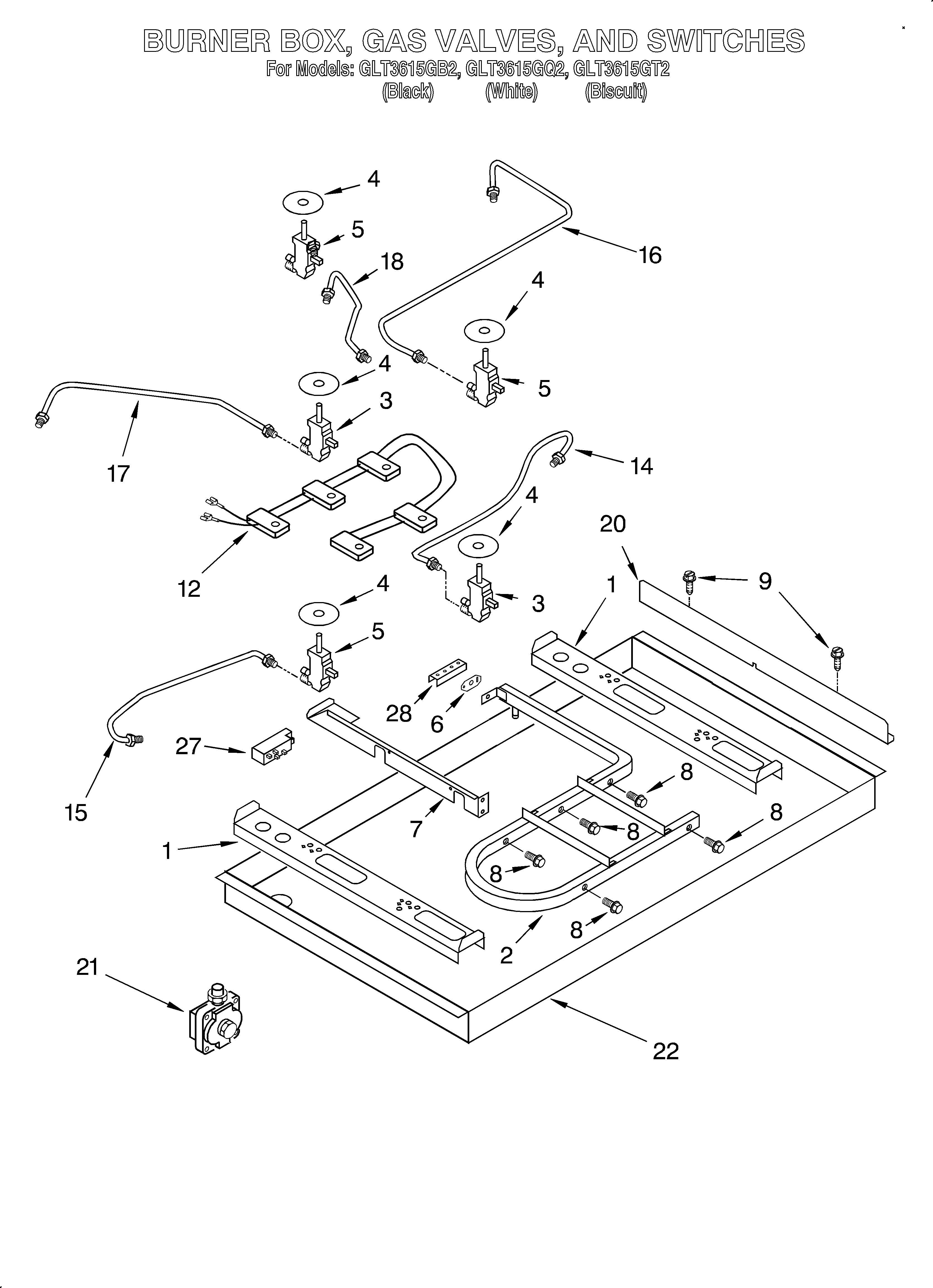 Whirlpool GLT3615GB2 burner box, gas valves, switches diagram